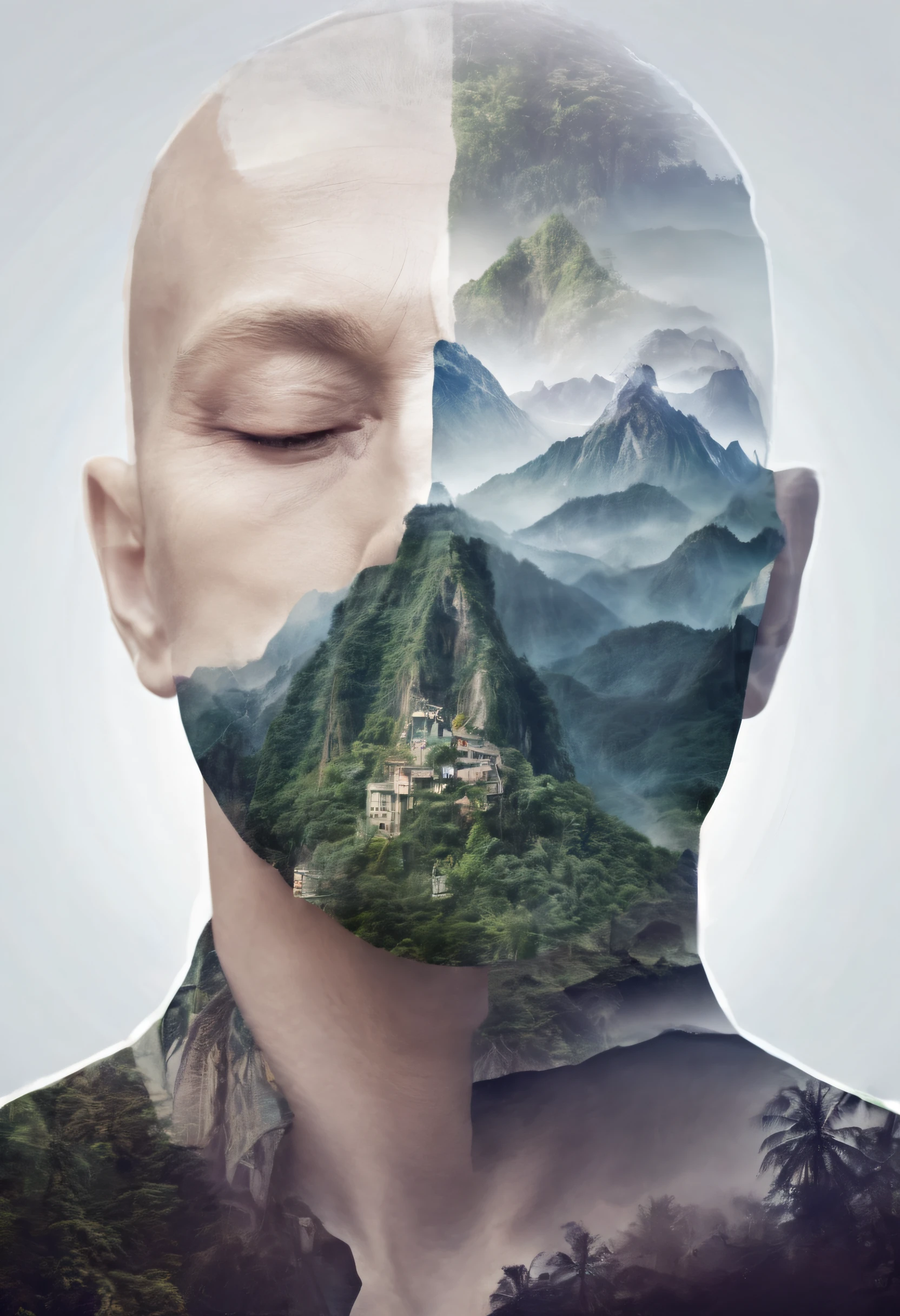 Dubrec style,Transparent face close-up,Jungle mountains image foreground,(multiple exposure:1.8),Complex illustrations in surrealist art style,Surreal dreams
