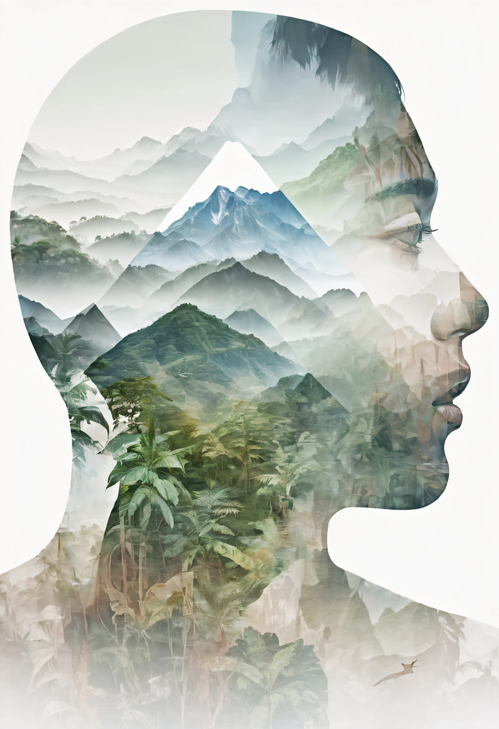 Dubrec style,Transparent face close-up,Jungle mountains image foreground,(multiple exposure:1.8),Complex illustrations in surrealist art style,Surreal dreams