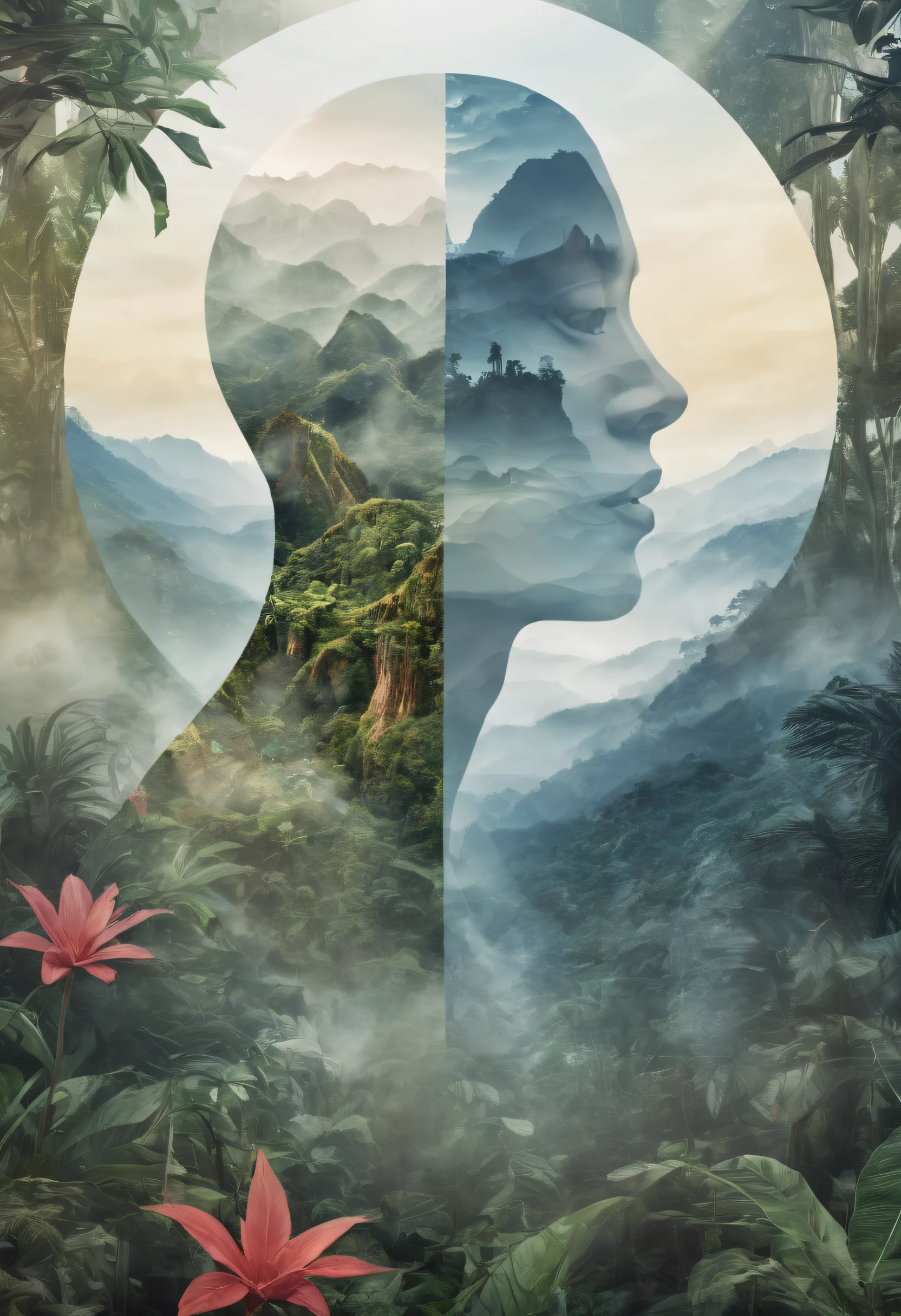 Dubrec style,Transparent face close-up,Jungle mountains image foreground,(multiple exposure:1.8),Complex illustrations in surrealist art style,Surreal dreams