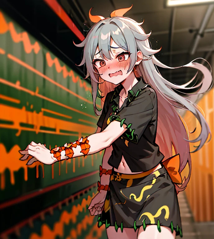 Bulbophyllum Momoyo, patterned clothing, Black shirt, Greenling, Orange ribbon, orange bow, Black skirt, Standing, subway station, railway,(Blushing:1.2),Pull up your skirt,greyt hair,The long-haired,pube_The tattoo、Heavy breathing、trembling、Silver eyes