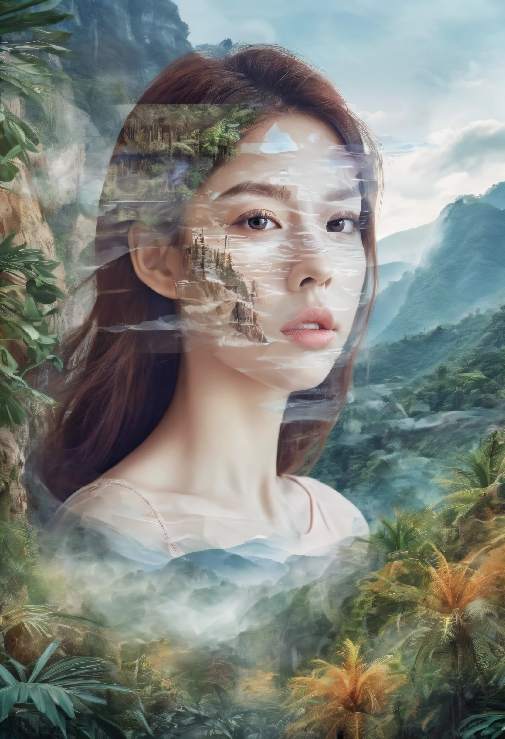 Dubrec style，Girl transparent face close-up，Jungle mountains image foreground，（multiple exposure：1.8），Complex illustrations in surrealist art style，Surreal dreams