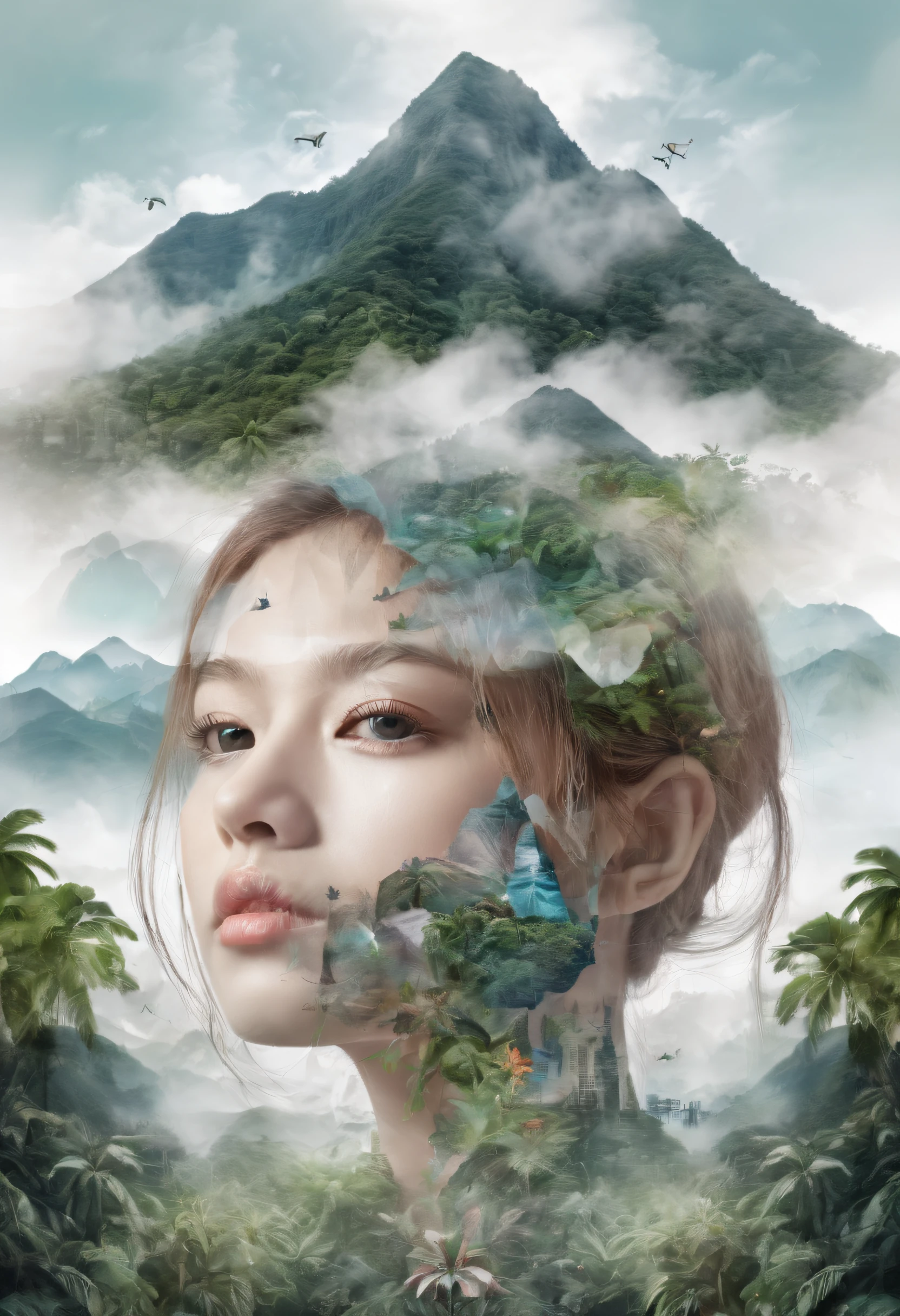 Dubrec style,Girl transparent face close-up,Jungle mountains image foreground,(multiple exposure:1.8),Complex illustrations in surrealist art style,Surreal dreams