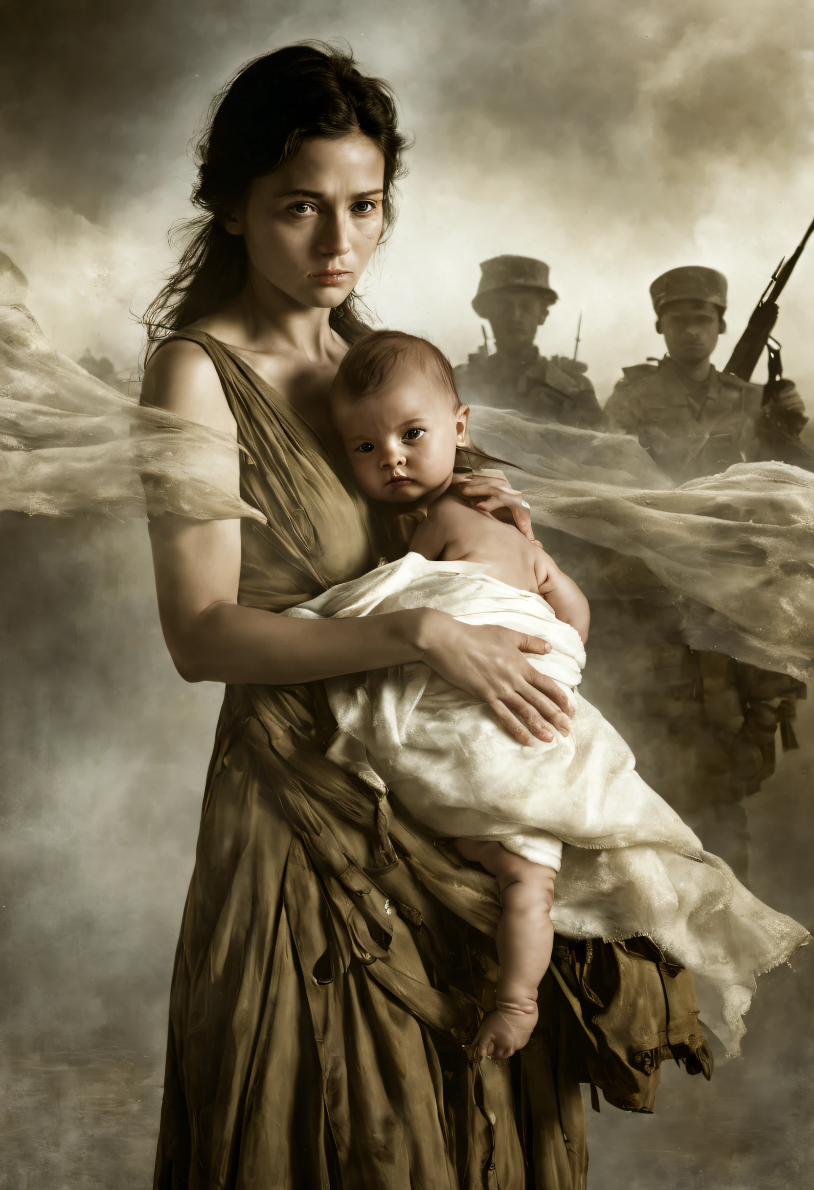 Photorealistic, raw photography, film photography, official art, award-winning work, (double exposure work: 1.4), (1 woman and 1 baby), mother holding a baby, soldier with a rifle overlapping, white A mother wearing a dress and a baby wrapped in cloth are translucent, soldiers heading for washing, reincarnation, fascinating multiple exposures, life and death, works completed as art,