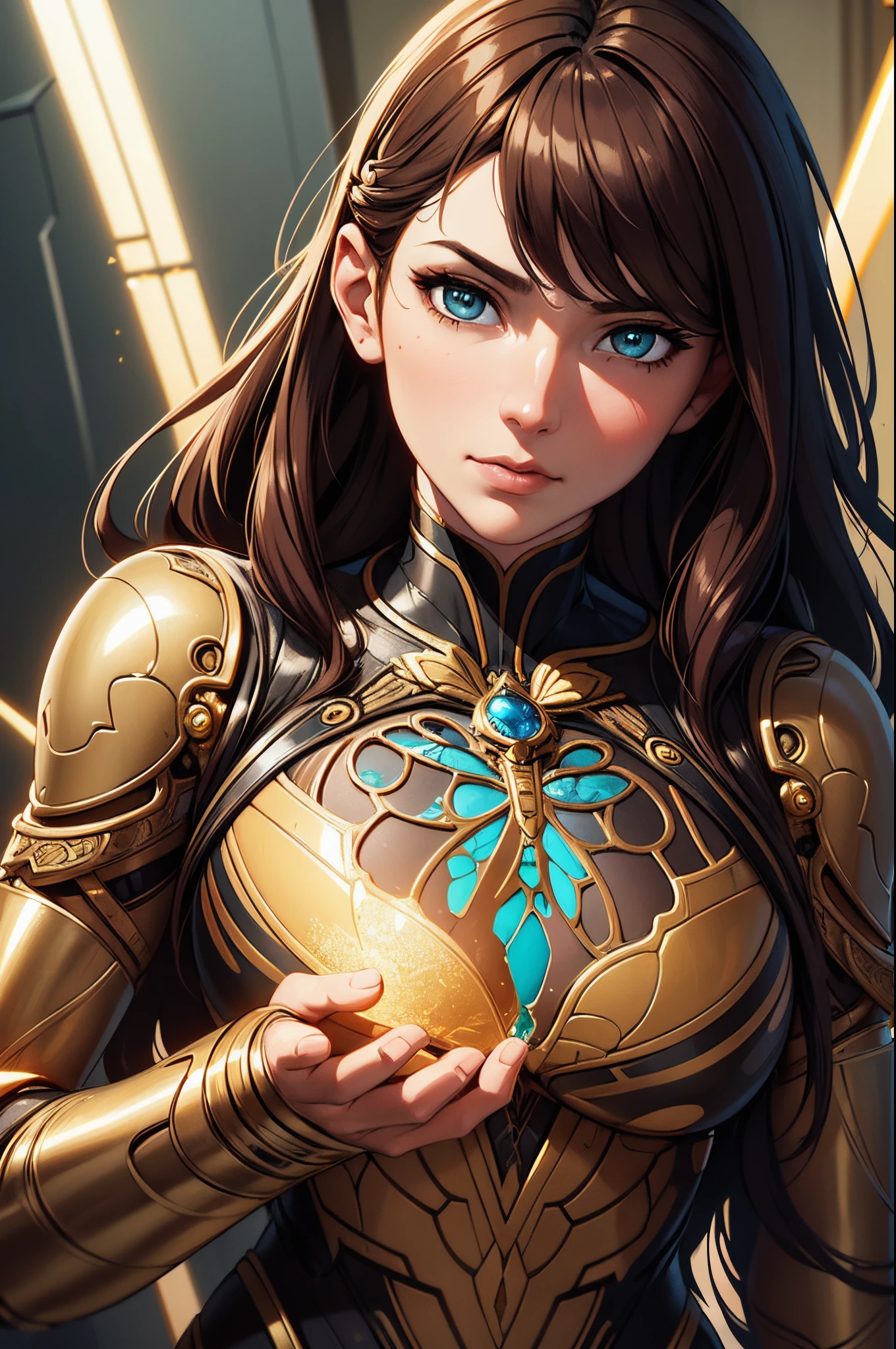 Portrait of a beautiful cyborg with 8k brown hair, intricate, elegant, highly detailed, majestic, digital photography, art by artgerm and Ruan Jia and Greg Rutkowski, surreal painting, golden butterfly filigree, broken glass, (masterpiece, side light, delicate beautiful eyes: 1.2), Human Development Report