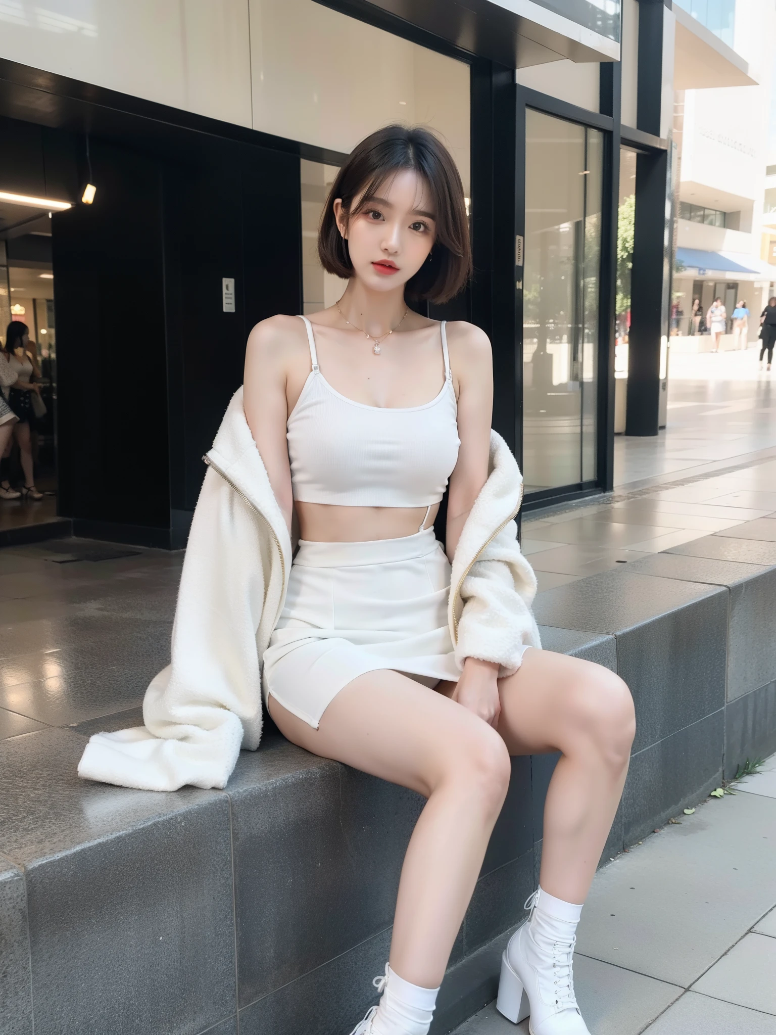 slit plush top jacket, Stylish white bodycon skirt,White suspenders underneath,Short hair details,mediuml breasts,1 girl,high high quality,ultraclear,Street mall entrance,4K,mediuml breasts,Fashionistas,Internet celebrity beauty,Long legs