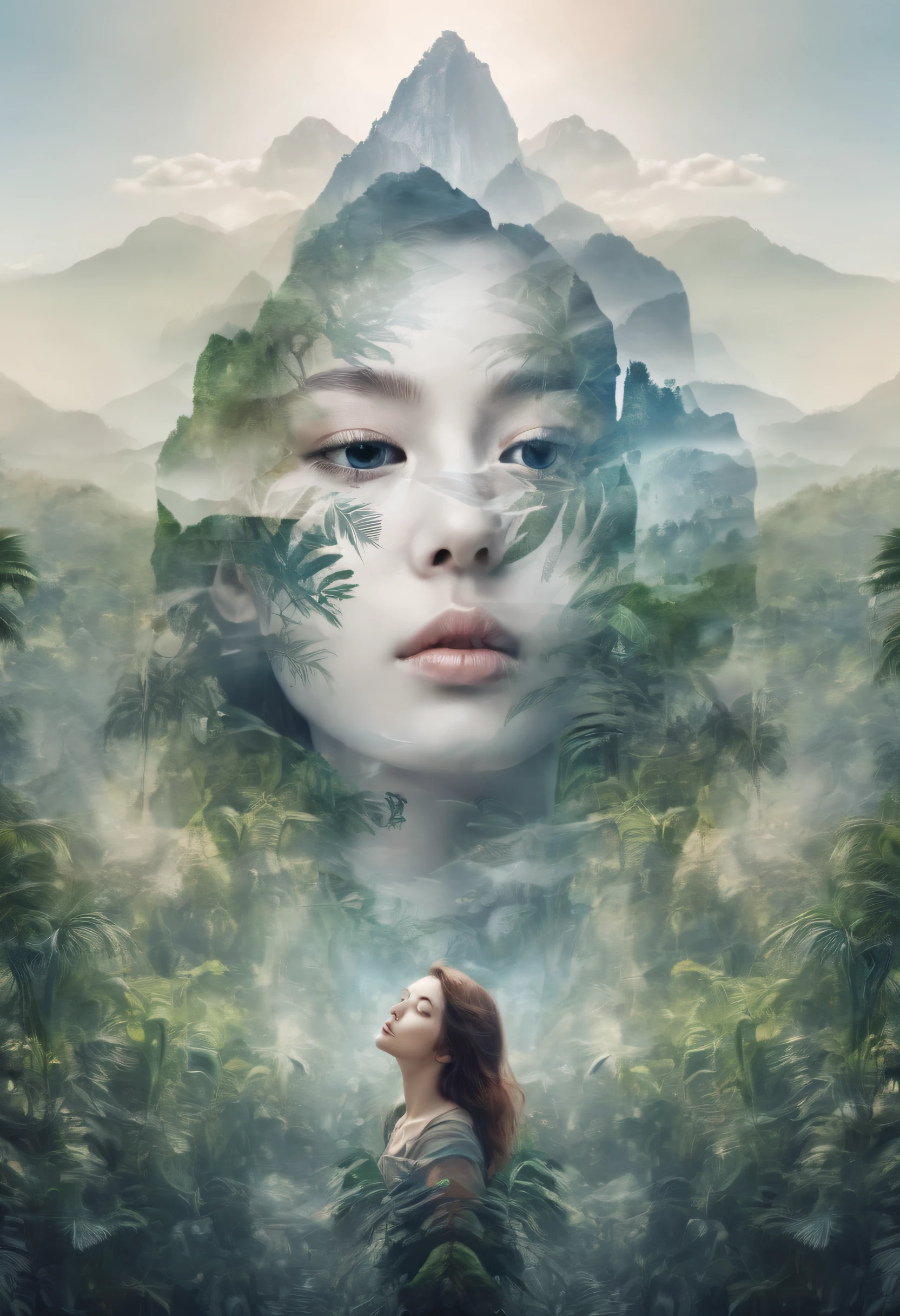 Dubrec style,Girl transparent face close-up,Jungle mountains image foreground,(multiple exposure:1.8),Complex illustrations in surrealist art style,Surreal dreams