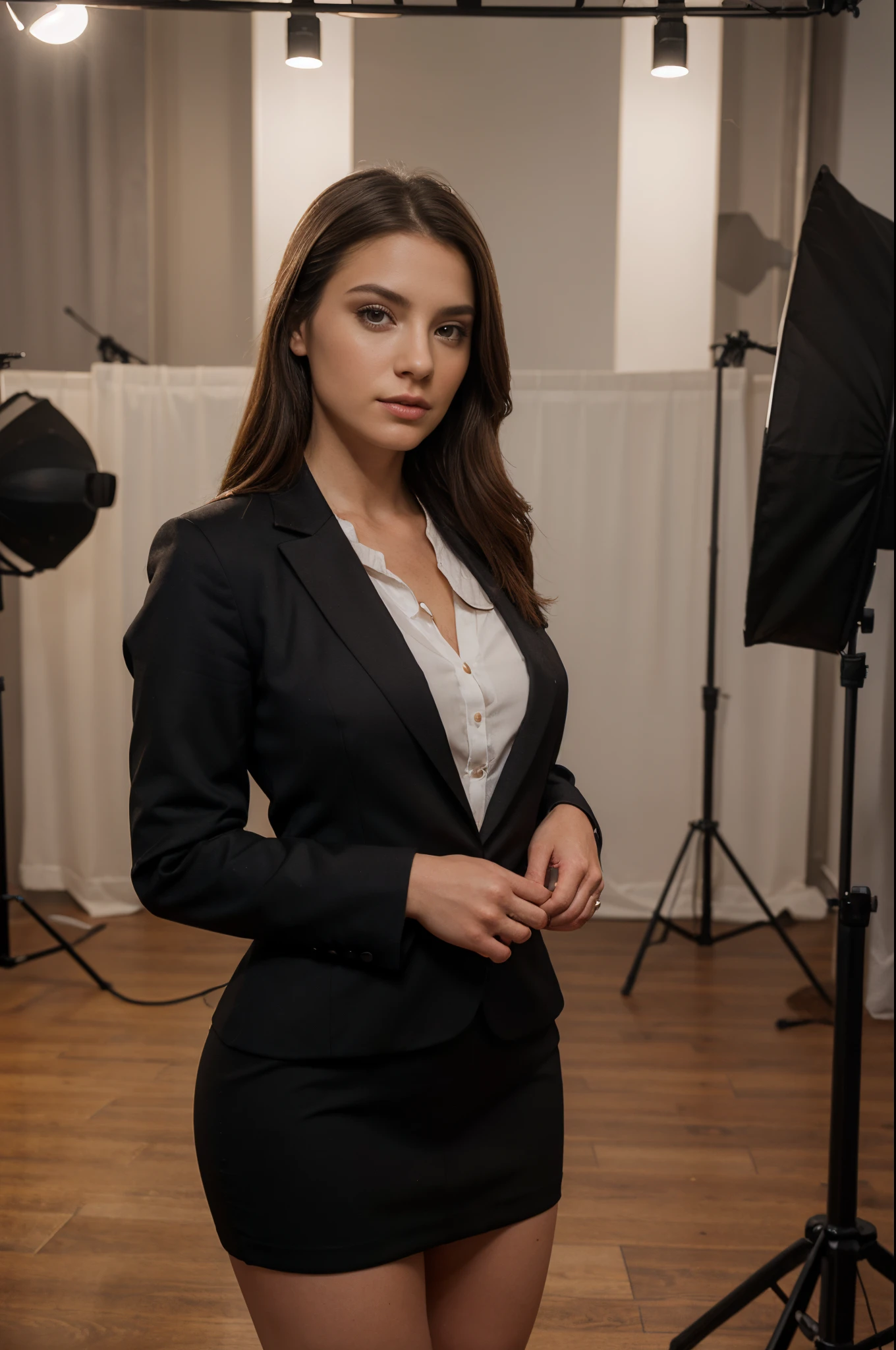 8k, highest quality, ultra details, Euro-American woman, young, realistic, modern days, formal attire, studio lighting, professional setting