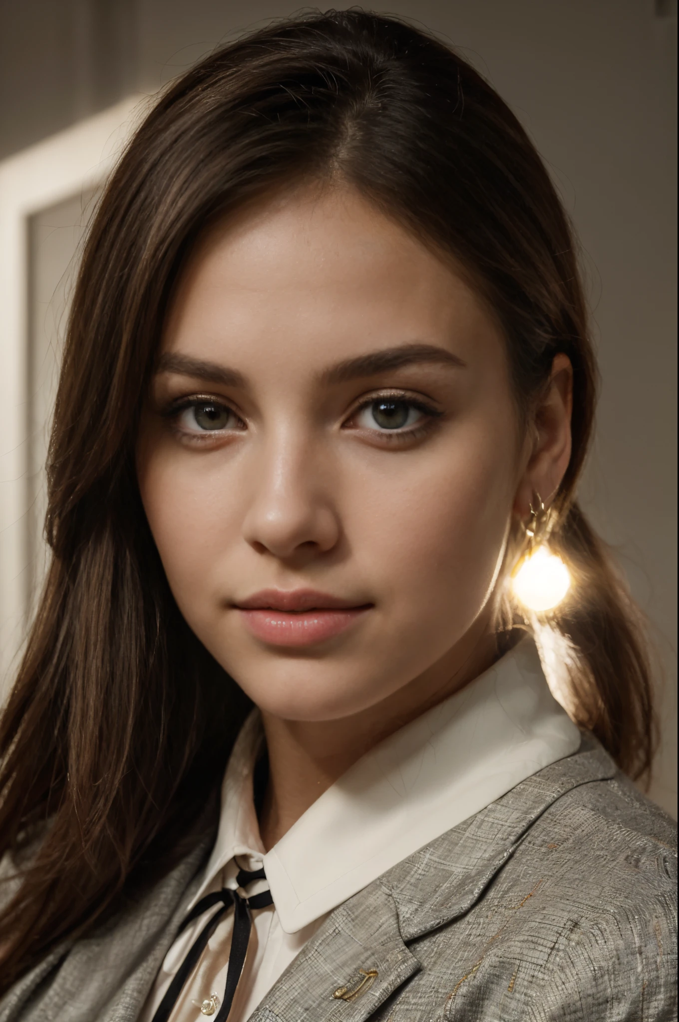 (best quality,8k,ultra details),(realistic,young,Euro-American woman) in a (modern days,professional setting), wearing (formal attire), standing in a (studio lighting). She has (beautiful detailed eyes), (beautiful detailed lips), and a (long, flowing hair) that adds to her elegance. The scene is filled with a sense of confidence and professionalism, with a touch of modernity. The (vivid colors) bring out the richness of the scene, enhancing the (portrait) style of the artwork. The lighting is carefully crafted to highlight the subject's facial features and create a (sharp focus) effect. The overall image exudes a sense of (sophistication) and captures the essence of a modern Euro-American woman in a professional environment.