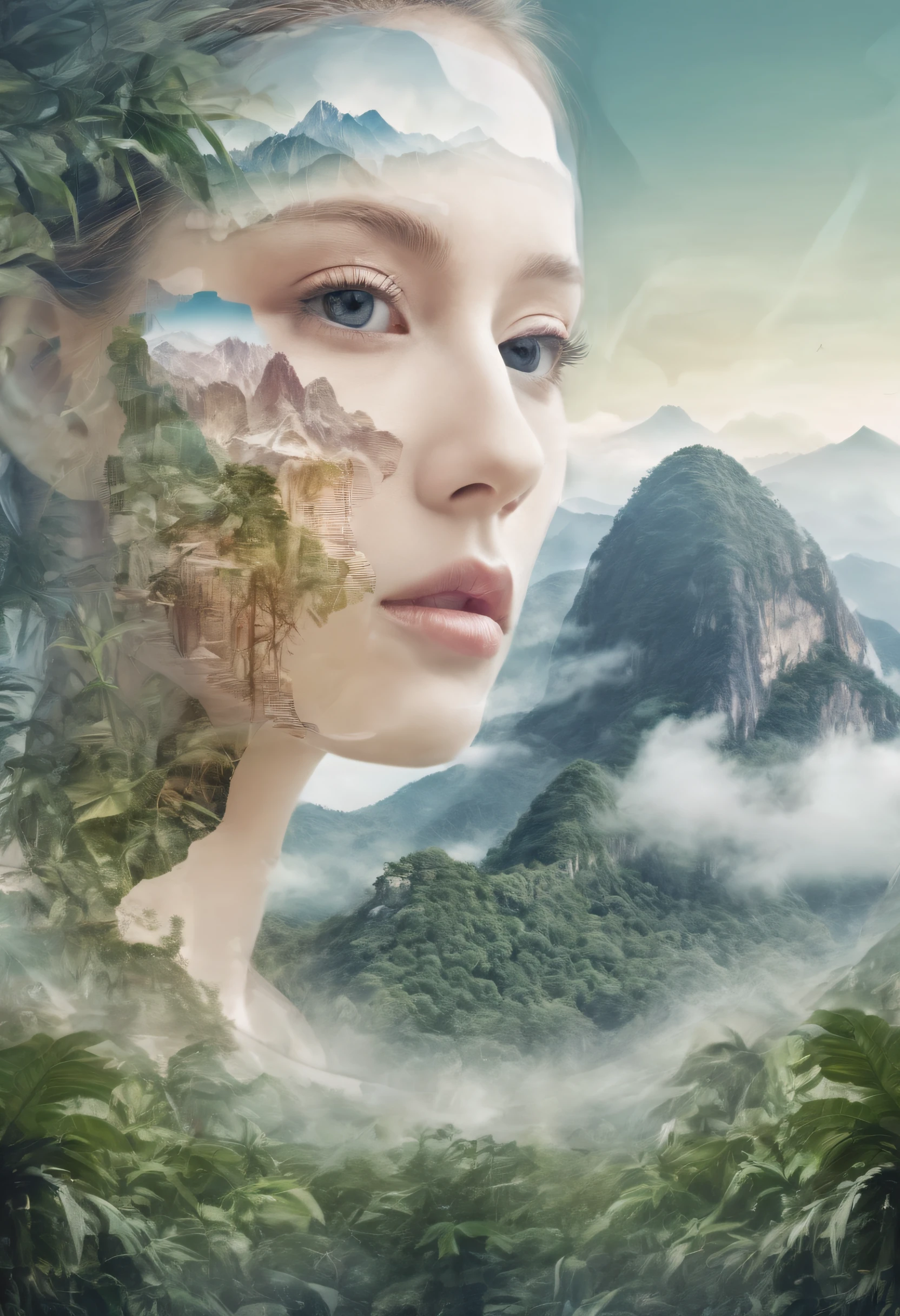 Dubrec style，Transparent face close-up，Jungle mountains image foreground，（multiple exposure：1.8），Complex illustrations in surrealist art style，Surreal dreams