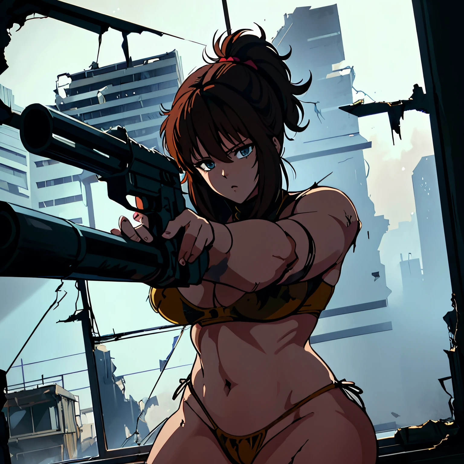 torso shot, dutch angle, hot 1girl waifu wearing  armored bikini, ponytail, shooting with a gun through a broken window of a run down house, explosions around, intricate details, appealing, looking at viewer, horror art, dark, comic book style in HNKstyle, 80's anime style