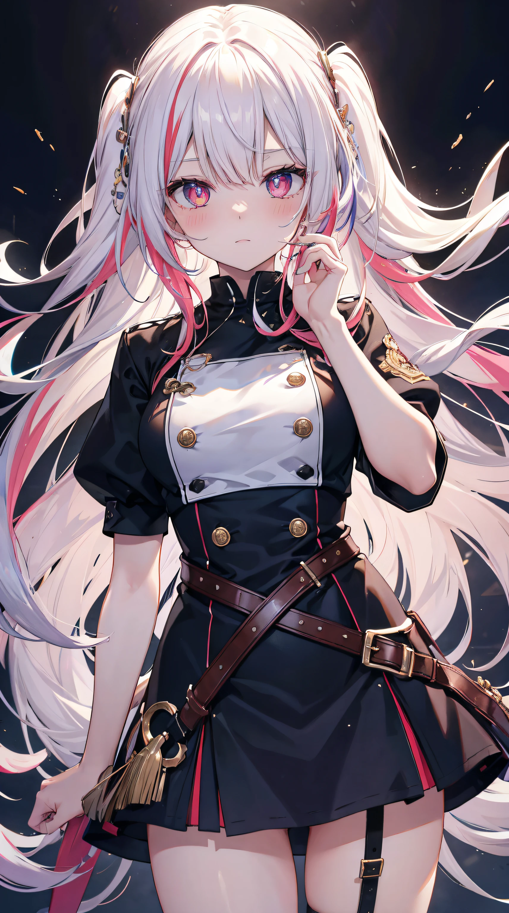 multicolored hair, shiny hair, hair strand, absurdly long hair, hairpin, multicolored eyes, flower-shaped pupils, heterochromia, covering ears, blush, tsundere, glint, anime, ray tracing, cowboy shot, UHD, masterpiece, anatomically correct, super detail, high details, high quality, best quality, highres, 16k