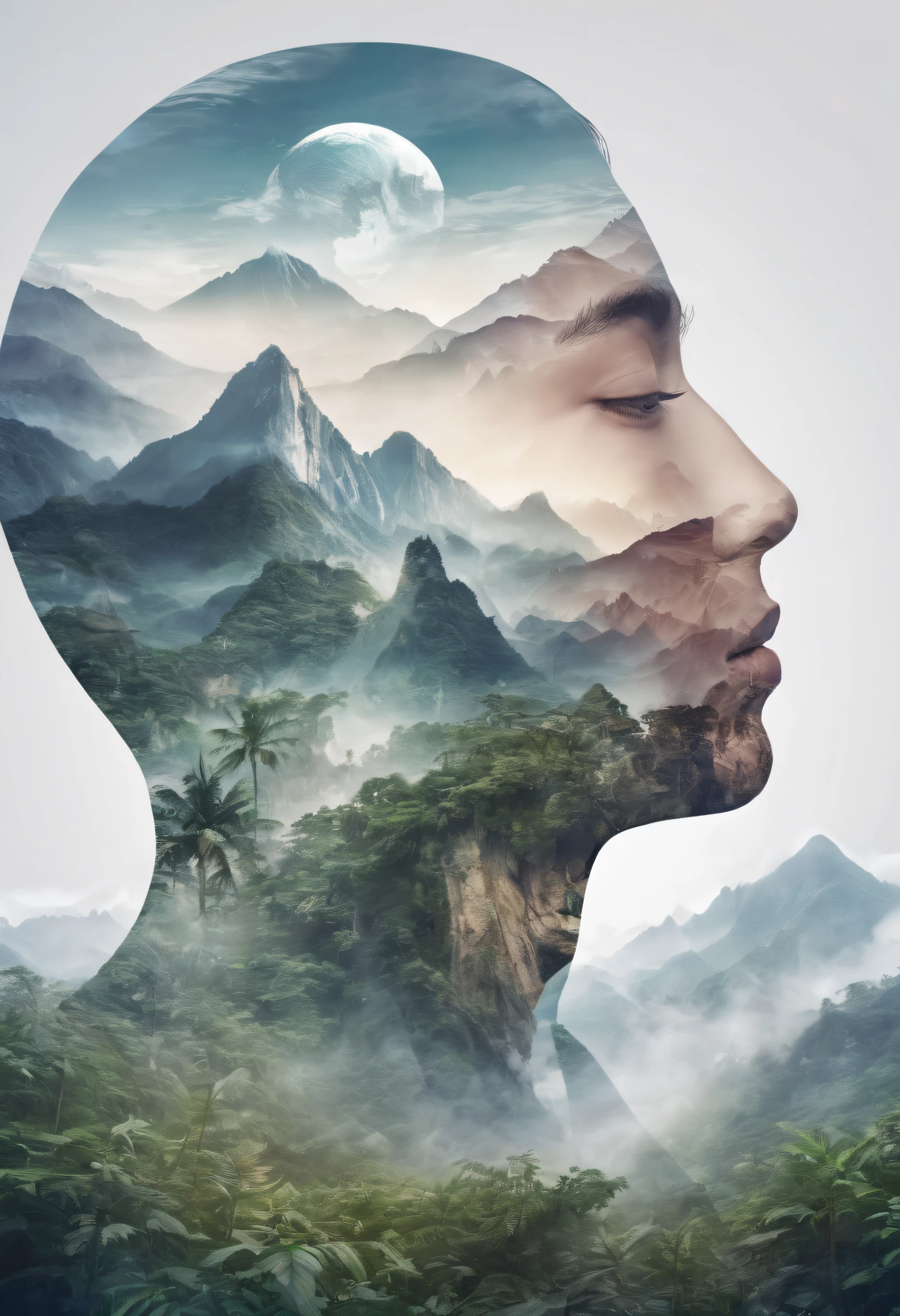 Dubrec style,Transparent face close-up,Jungle mountains image foreground,(multiple exposure:1.8),Complex illustrations in surrealist art style,Surreal dreams