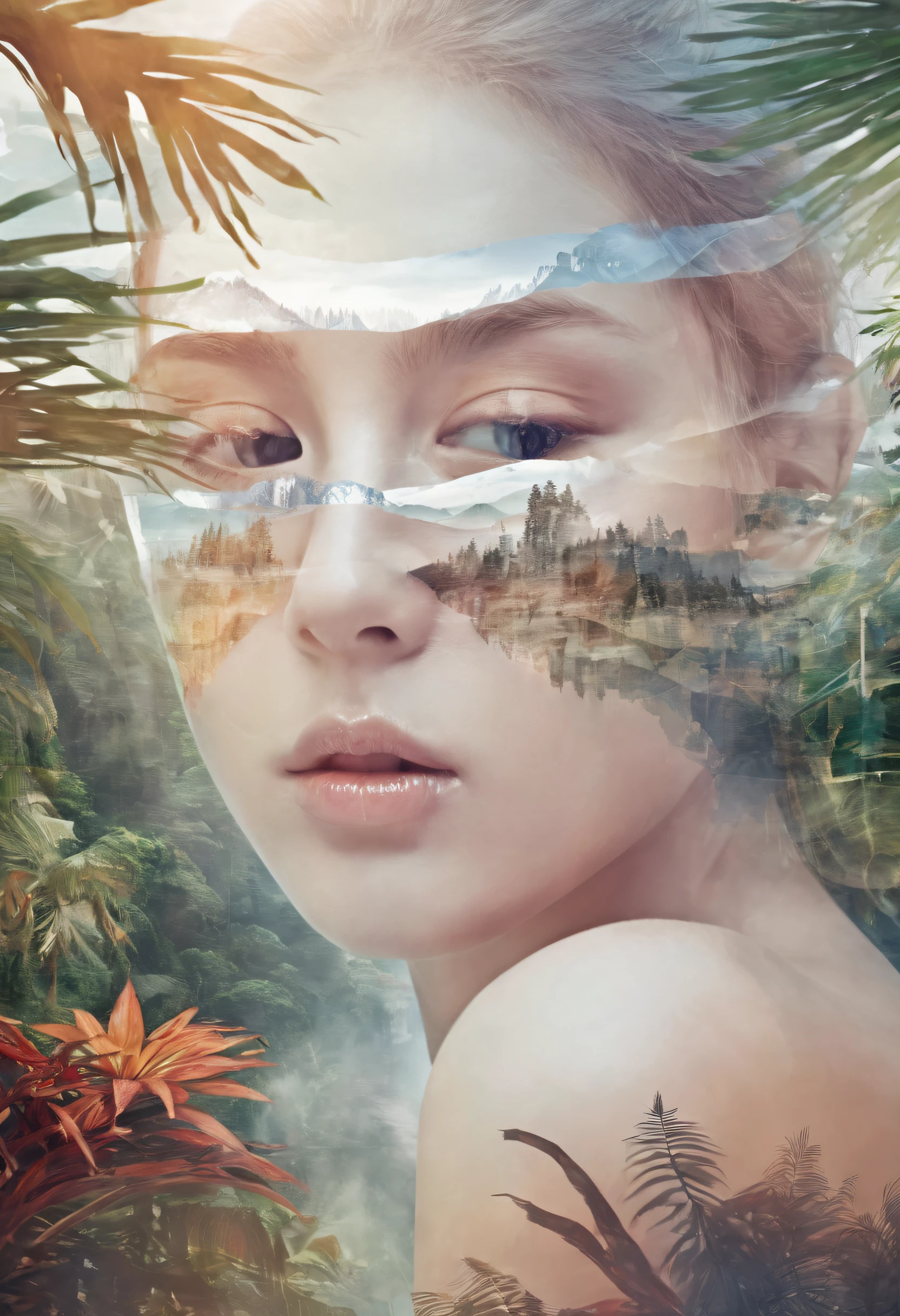 Dubrec style,Girl transparent face close-up,Jungle mountains image foreground,(multiple exposure:1.8),Complex illustrations in surrealist art style,Surreal dreams