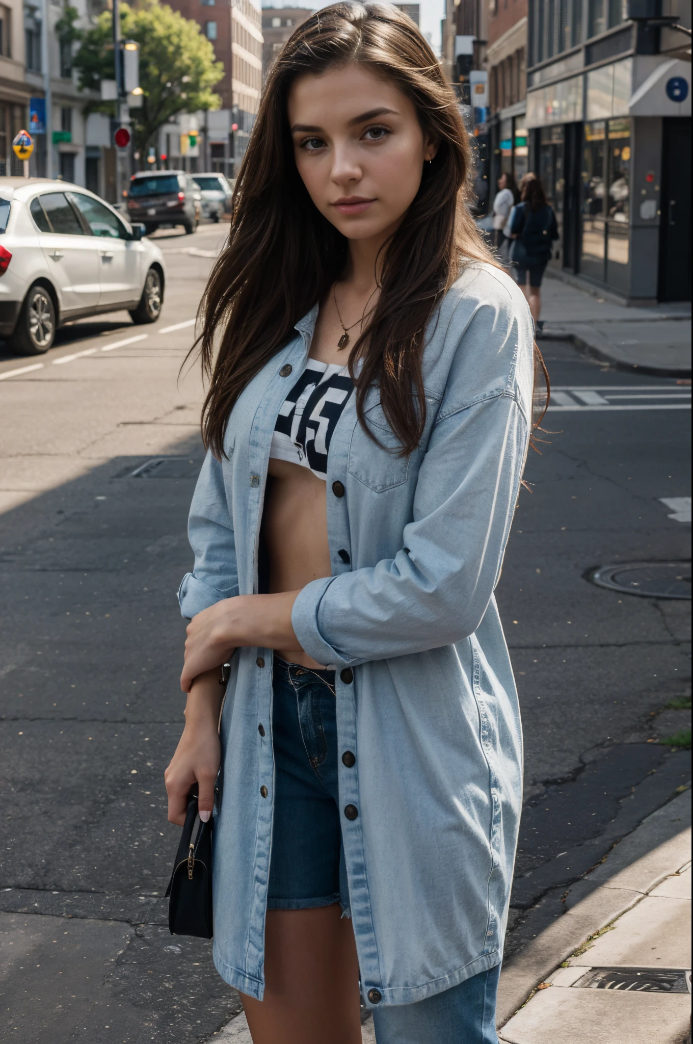 8k, highest quality, ultra details, Euro-American woman, young, realistic, modern days, casual attire, natural lighting, urban setting, lora_amelia