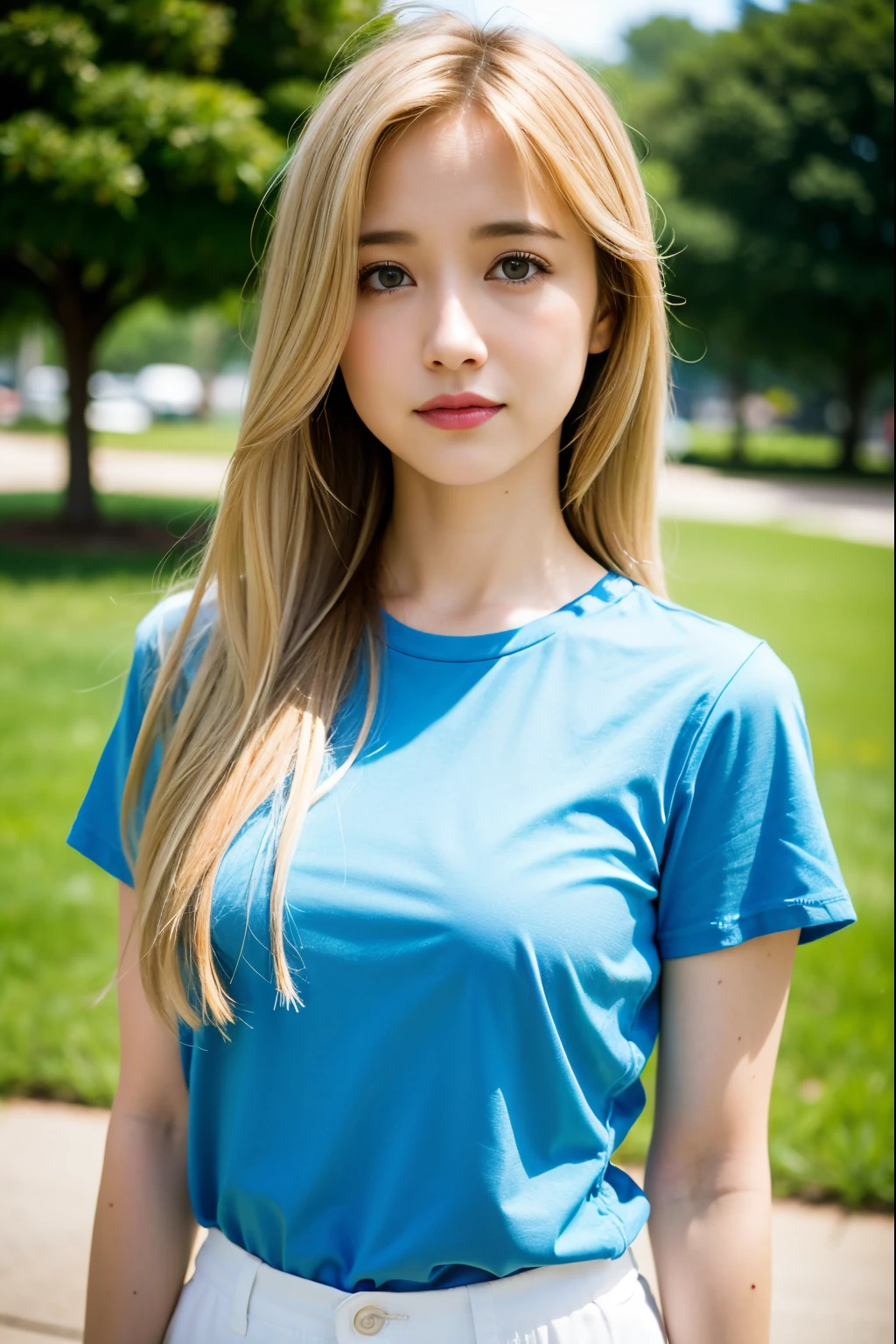 very skinny ,  long hair , teen american  girl  Allison Mack ,large eyes  ,shallow depth of field , 
 blurry, , blonde hair  ,  ,  , soft skin, ,  ,
 , ,  blue  t-shirt,  jens pants , park selfie