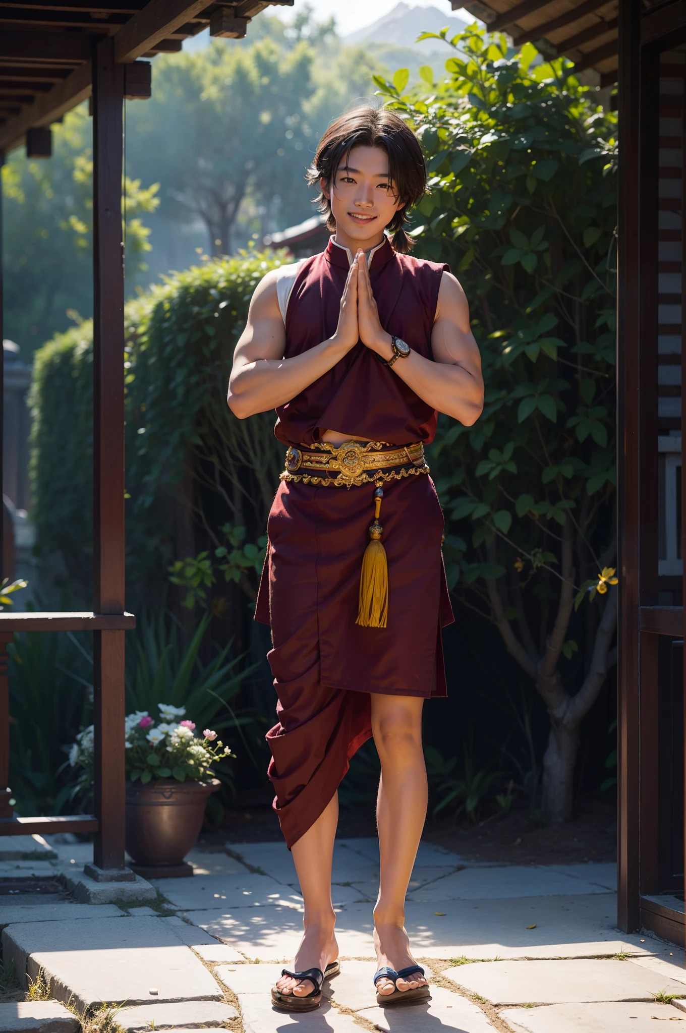 A (Full body:1.3) shot at 8k resolution,Tibetan masterpiece of the highest quality, Clothes,beautiful digital works of art, little sun above my head ,Solo,Upper body,grin, Young boy doing yoga in temple --auto