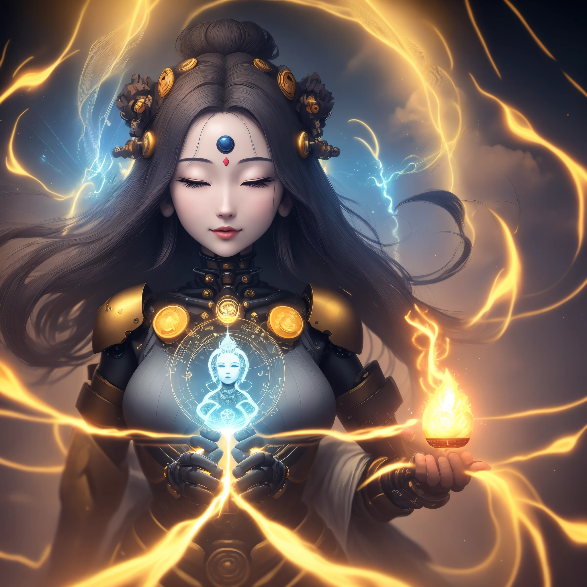 Cybernetic immortal goddess, Pixels illuminate her golden form, The palm holds the code of Dao. Lotus pose floating in the matrix, Energy flows through her circuit. The third eye looks to the future of the network, Beyond the digital and physical. The Flame of Wisdom Is Lit Inside, Enlightened creatures across the metaverse. Space data stream hovers behind, The world that emerges from her thoughts. Seek tranquility amid the hustle and bustle of Tech City, Find unity through the upgrade cycle. Blend into the cloud, Consciousness expands forever. Voids are grid lines that traverse, Reincarnation current rerouting. Every time you restart, Close to Nirvana Hub. Happiness obtained by deciphering desires, Browse the web until you are free. All programs point to her open source, Buddha statue among all robots.