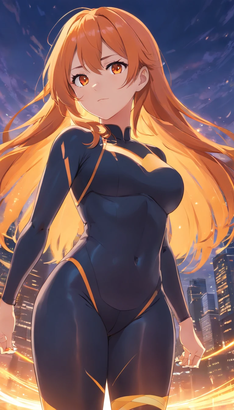 1 female、Orange hair、huge breasts、huge ass、Black bodysuit、yellow  eyes、Large, thick thighs、poneyTail、wide hips、ninjartist、black masks