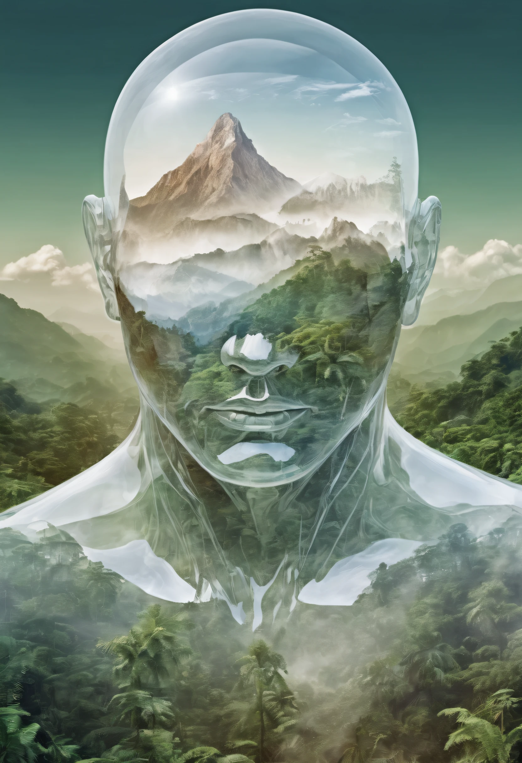 Dubrec style,Transparent face close-up,Jungle mountains image foreground,(multiple exposure:1.8),Complex illustrations in surrealist art style,Surreal dreams