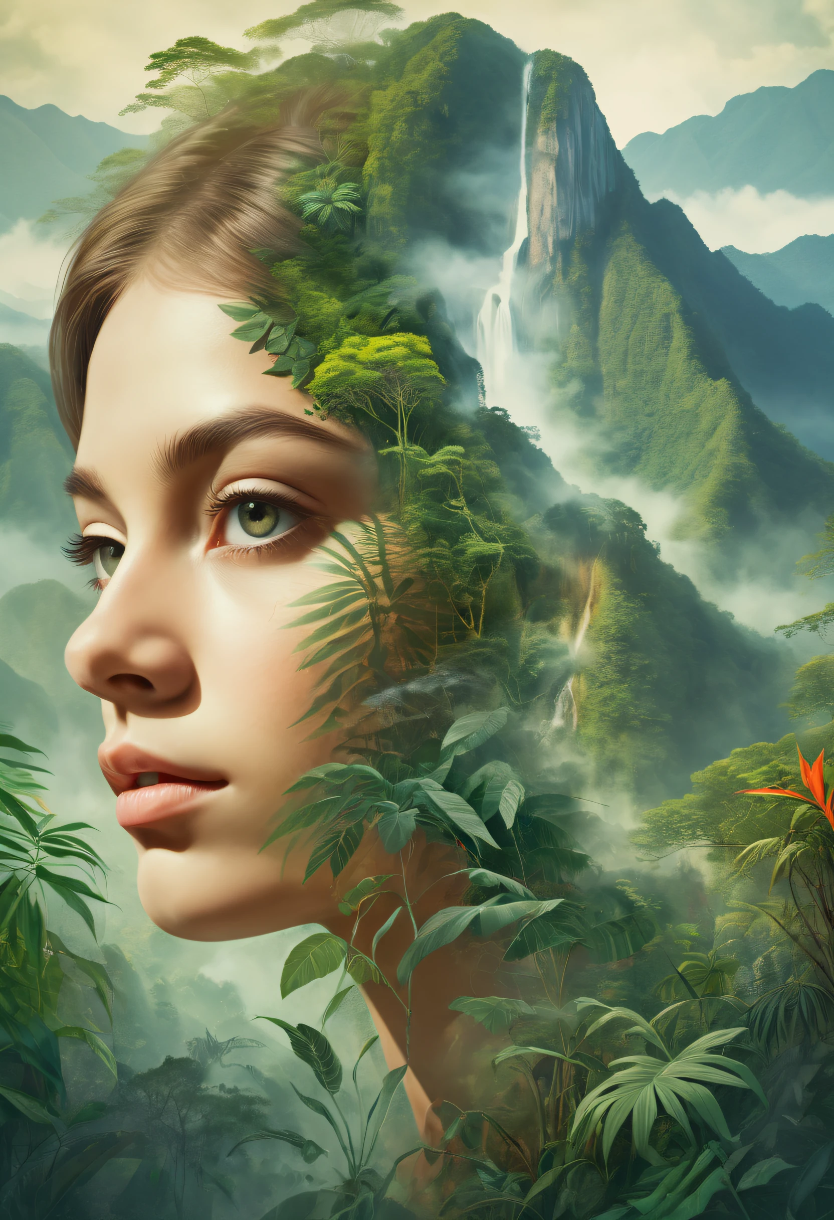 Dubrec style,Close-up of the girl's face,Jungle mountains image foreground,(multiple exposure:1.8),Complex illustrations in surrealist art style,Surreal dreams