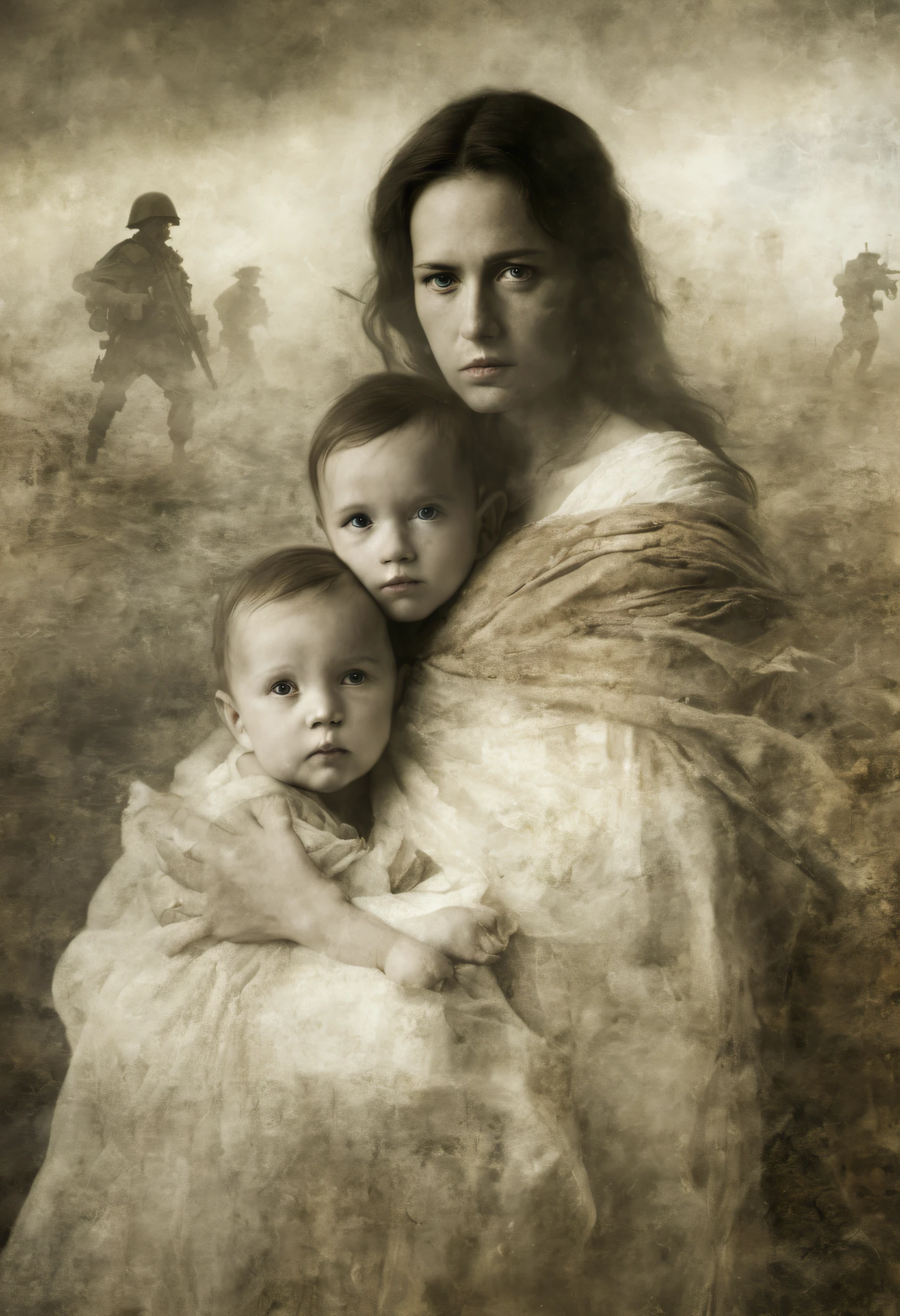 Raw photo, film photo, official art, award-winning work, (double exposure work: 1.4), (1 woman, 1 infant), mother holding a baby, no weapon, soldier with a rifle, wearing a white dress A mother wrapped in cloth and a baby wrapped in cloth are translucent, soldiers on the battlefield, reincarnation, fascinating multiple exposures, life and death, a complete work of art, photorealistic, anatomically correct, a masterpiece