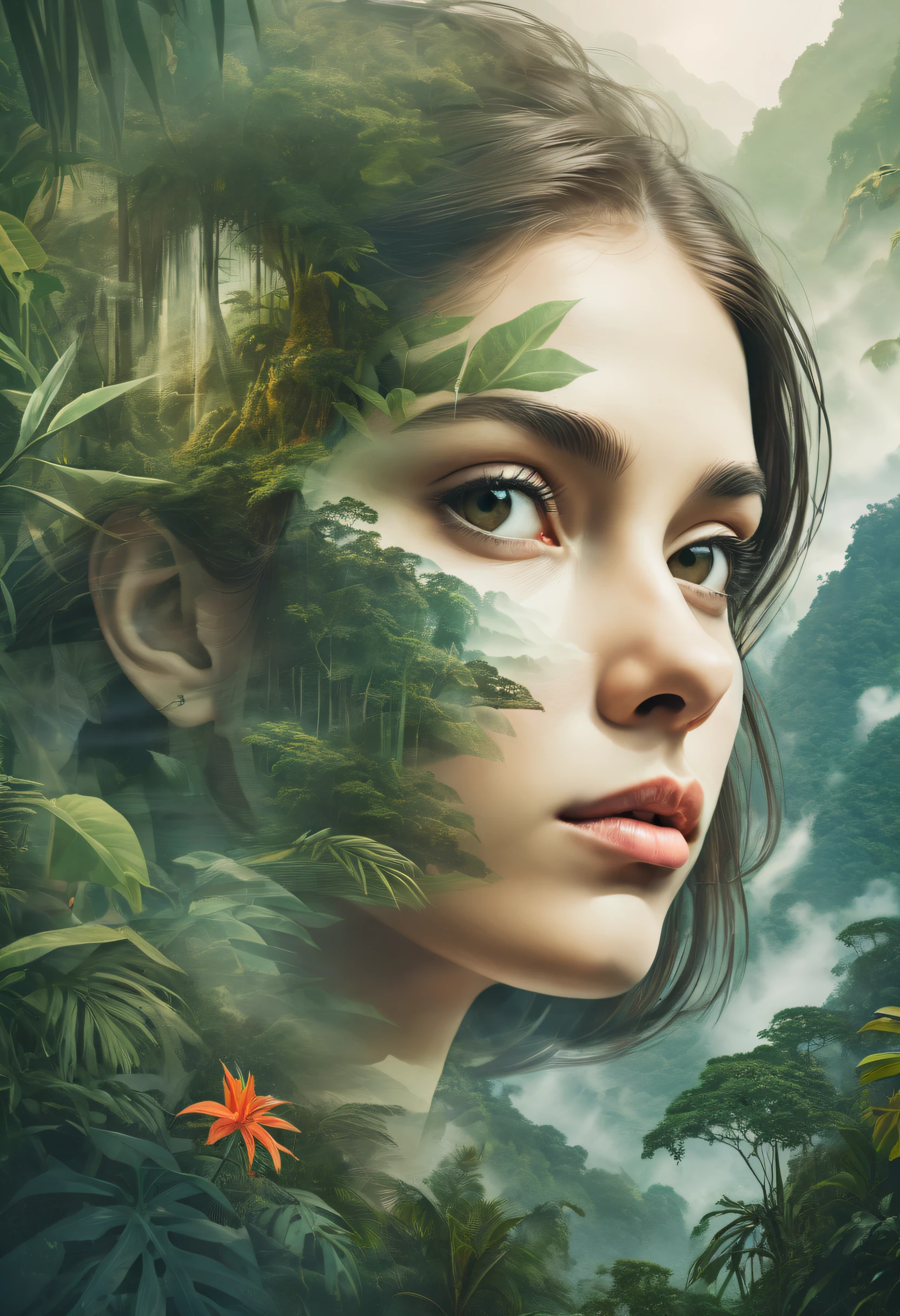 Dubrec style,Close-up of the girl's face,Jungle mountains image foreground,(multiple exposure:1.8),Complex illustrations in surrealist art style,Surreal dreams