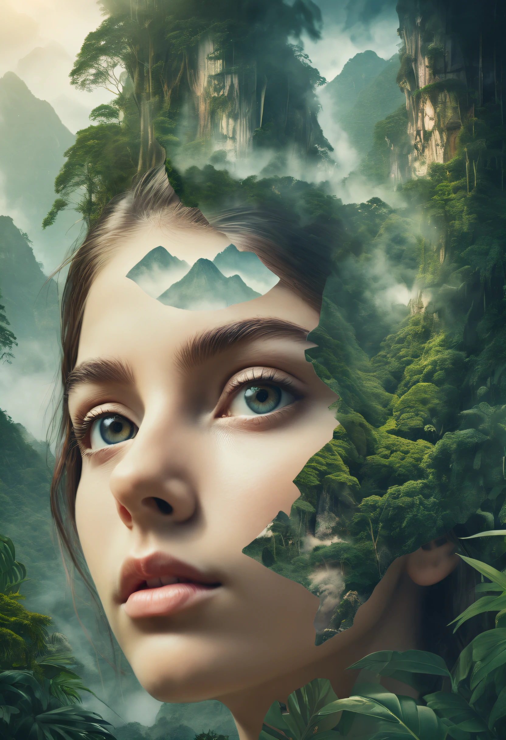 Dubrec style,Close-up of the girl's face,Jungle mountains image foreground,(multiple exposure:1.8),Complex illustrations in surrealist art style,Surreal dreams