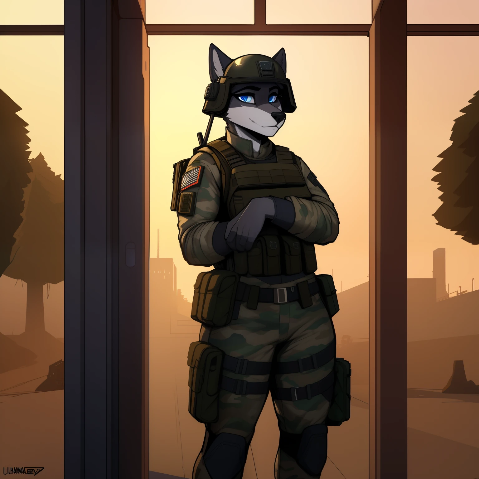 Lanky_muscular_husky female gray_furry_body blue_eye solo Masterpiece best_quality absurdres highly_detailed cleanly_drawn_eyes anthro_only by_claweddrip, by_greasymojo, by_underscore-b, by_runawaystride military_uniform tactical_vest helmet radio_pack