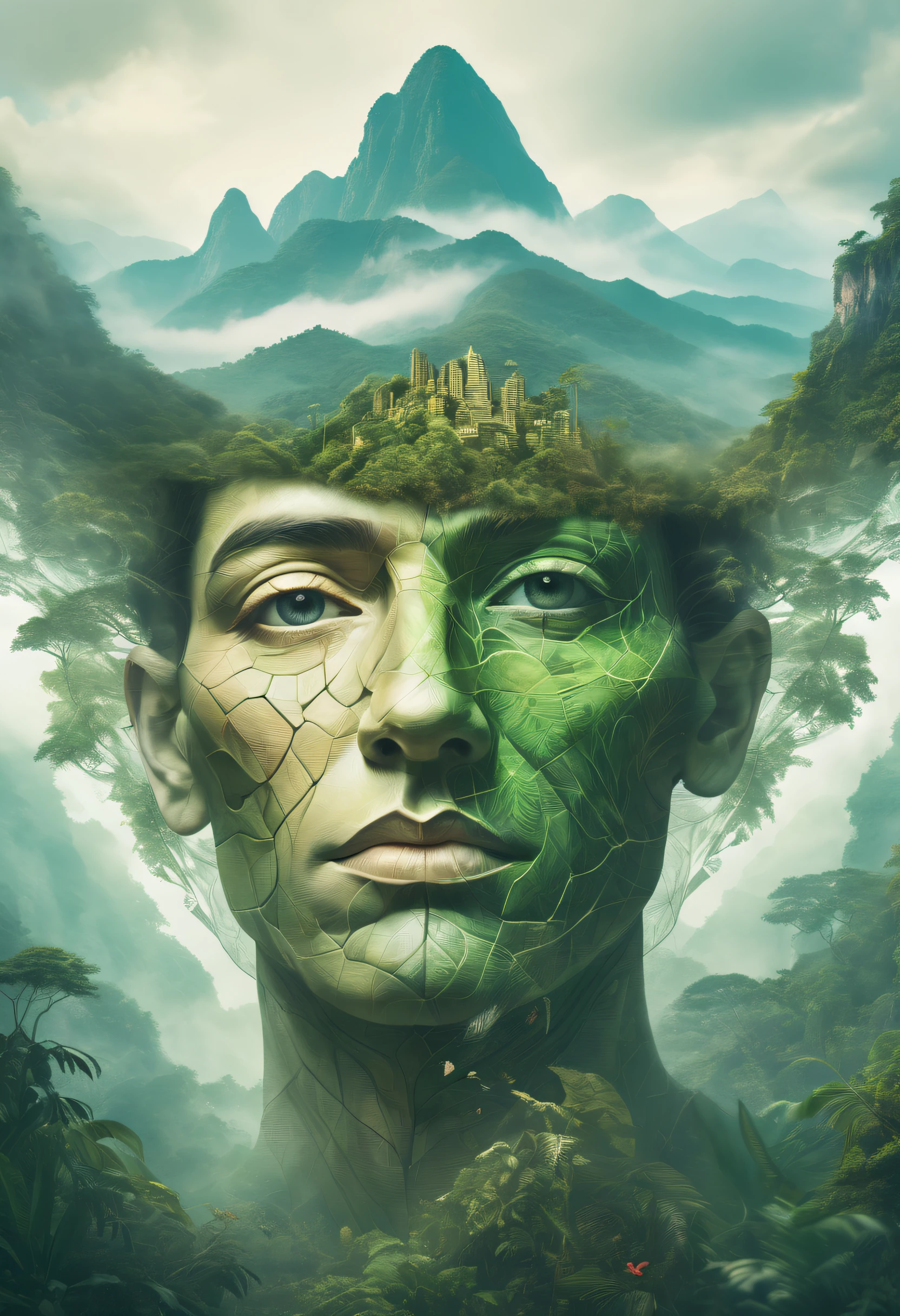 Dubrec style，Transparent face close-up，Jungle mountains image foreground，（multiple exposure：1.8），Complex illustrations in surrealist art style，Surreal dreams