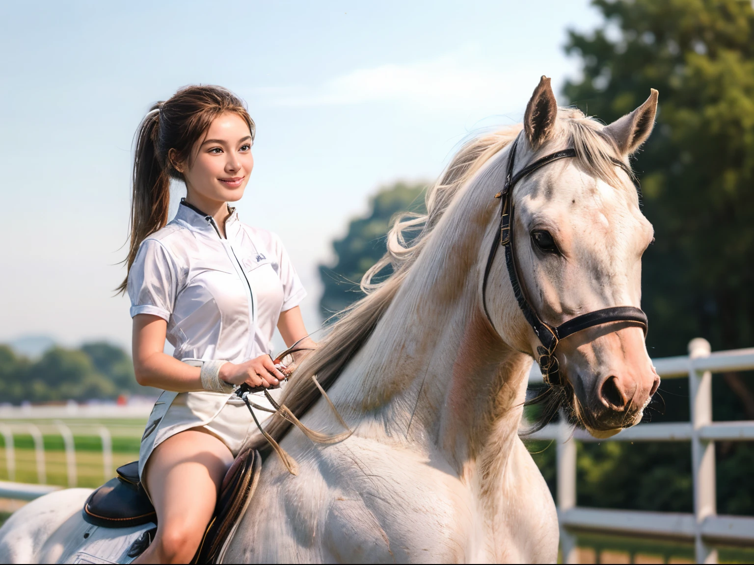 101
(a 20 yo woman,Riding on a white horse), (A hyper-realistic), (high-level image quality), ((beautiful hairstyle 46)), (I have my hair in a ponytail), (Gentle smile), (Keep your mouth shut), (ride horse、Horse racing、Equestrian competitions)