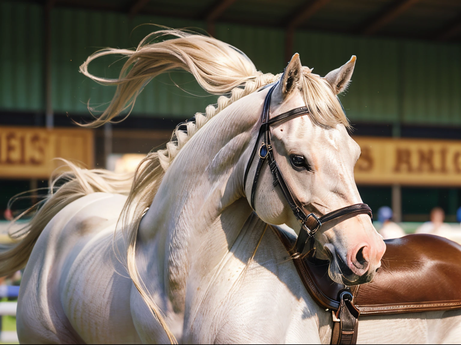 101
(a 20 yo woman,Riding on a white horse), (A hyper-realistic), (high-level image quality), ((beautiful hairstyle 46)), (I have my hair in a ponytail), (Gentle smile), (Keep your mouth shut), (ride horse、Horse racing、Equestrian competitions)