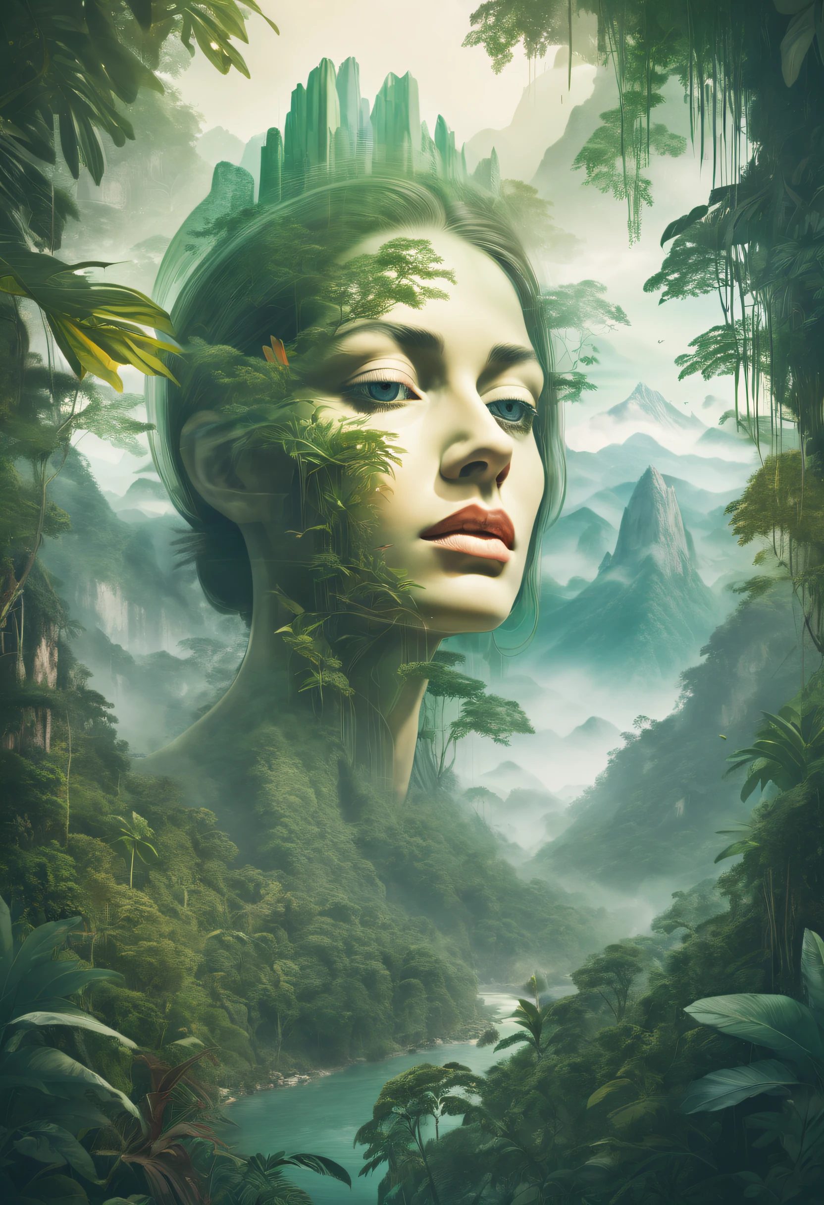 Dubrec style,Transparent face close-up,Jungle mountains image foreground,(multiple exposure:1.8),Complex illustrations in surrealist art style,Surreal dreams