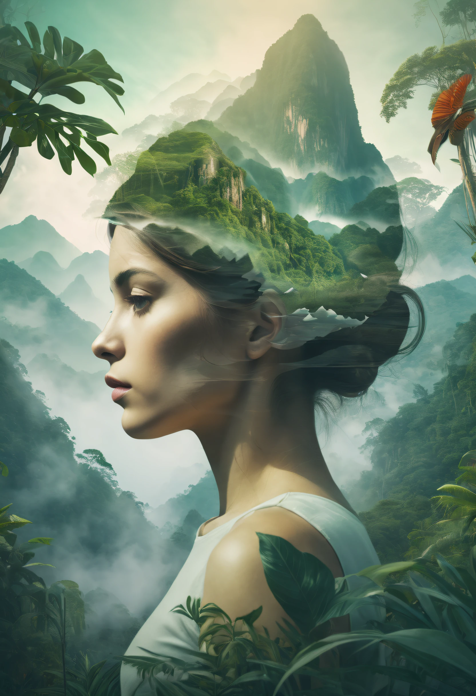 Dubrec style,Close-up of the girl'head portrait,Jungle mountains image foreground,(multiple exposure:1.8),Complex illustrations in surrealist art style,Surreal dreams
