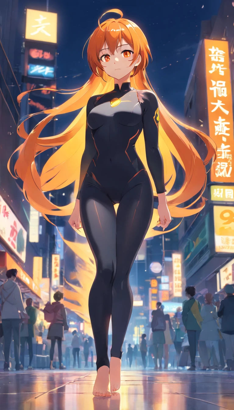 ​masterpiece、top-quality、Movie stills、1 female、Orange hair、Colossal tits、Huge ass、Fitting black leggings suit、yellow  eyes、thick thighs、Long wavy hair、wide hips、Thigh muscles、Strong thighs(Spark:0.7)