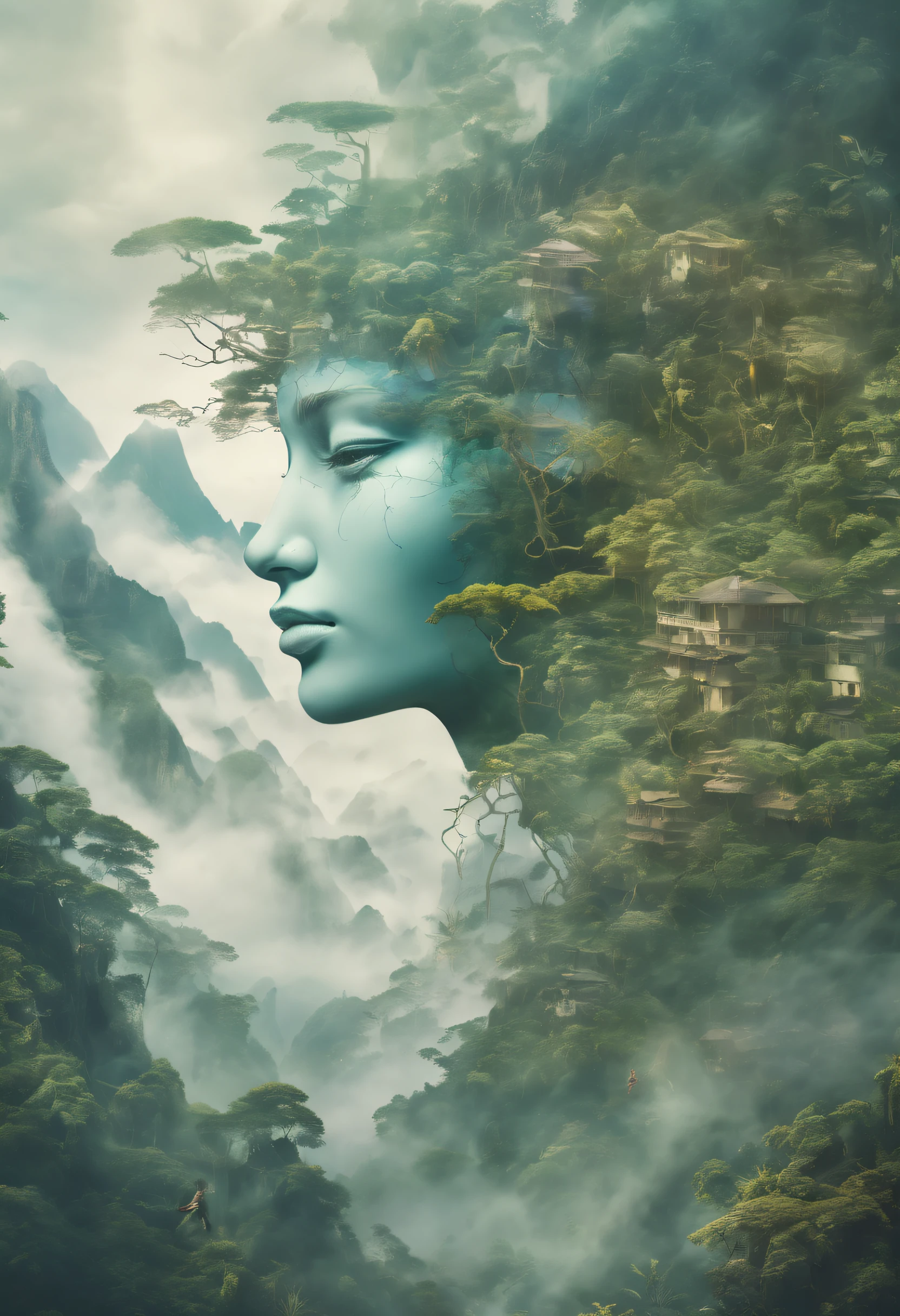 Dubrec style,Transparent face close-up,Jungle mountains image foreground,(multiple exposure:1.8),Complex illustrations in surrealist art style,Surreal dreams