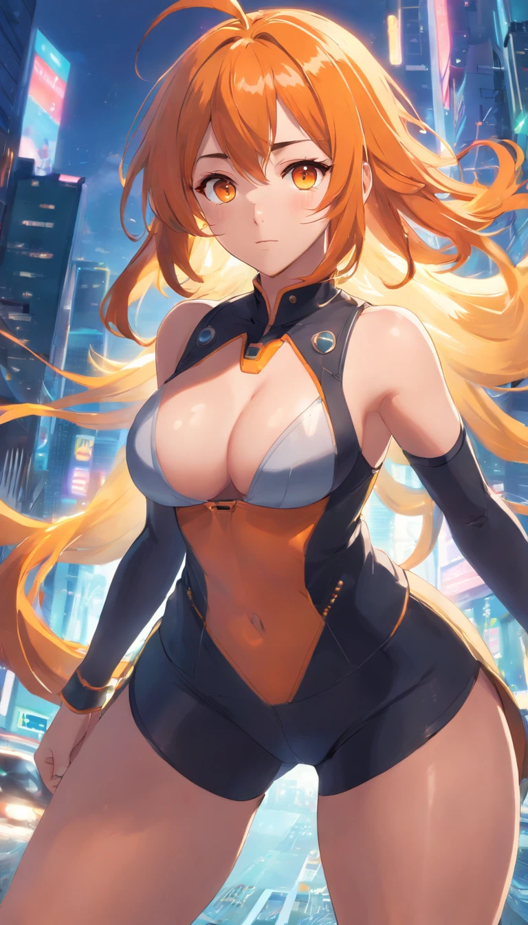 masterpiece、top-quality、Movie stills、1 female、Orange hair、Colossal tits、Huge ass、Fitting black leggings suit、yellow eyes、thick thighs、Long wavy hair、wide hips、Thigh muscles、Strong thighs(Spark:0.7)