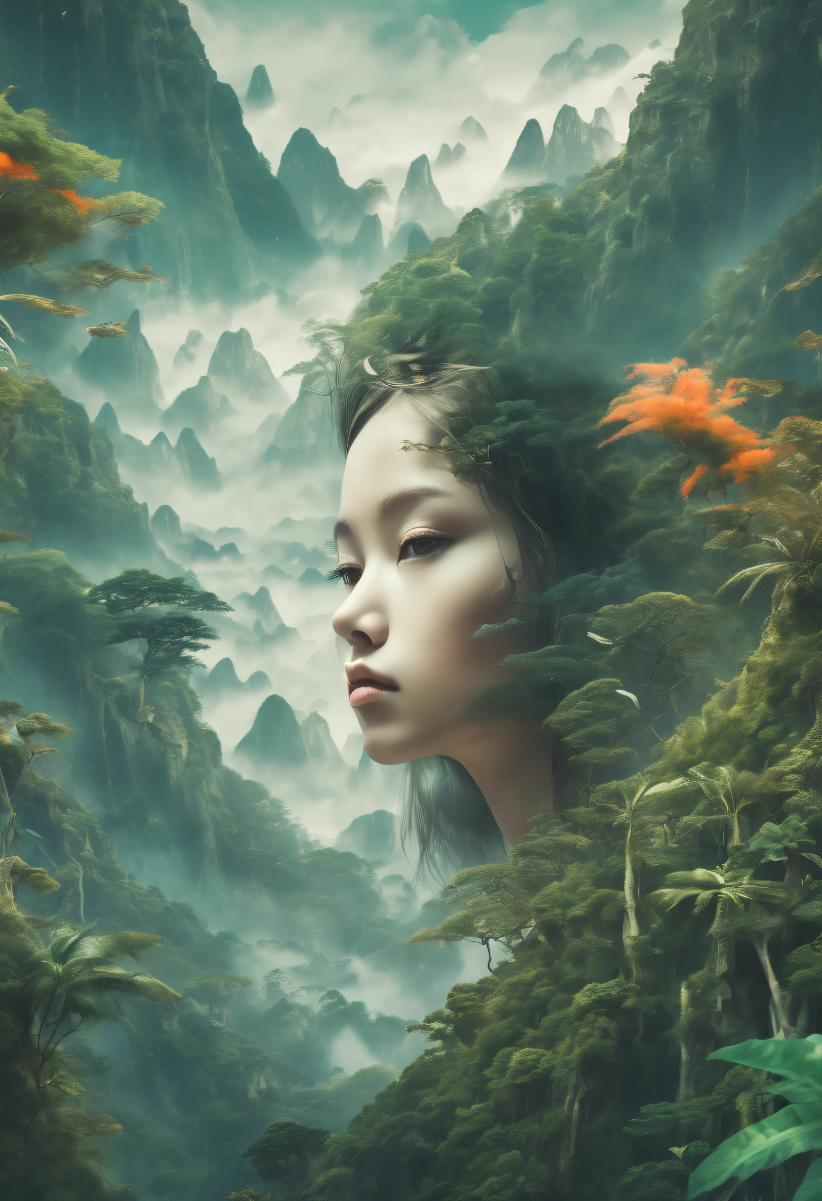 Dubrec style,Close-up of girl's avatar,Jungle mountains image foreground,(multiple exposure:1.8),Complex illustrations in surrealist art style,Surreal dreams