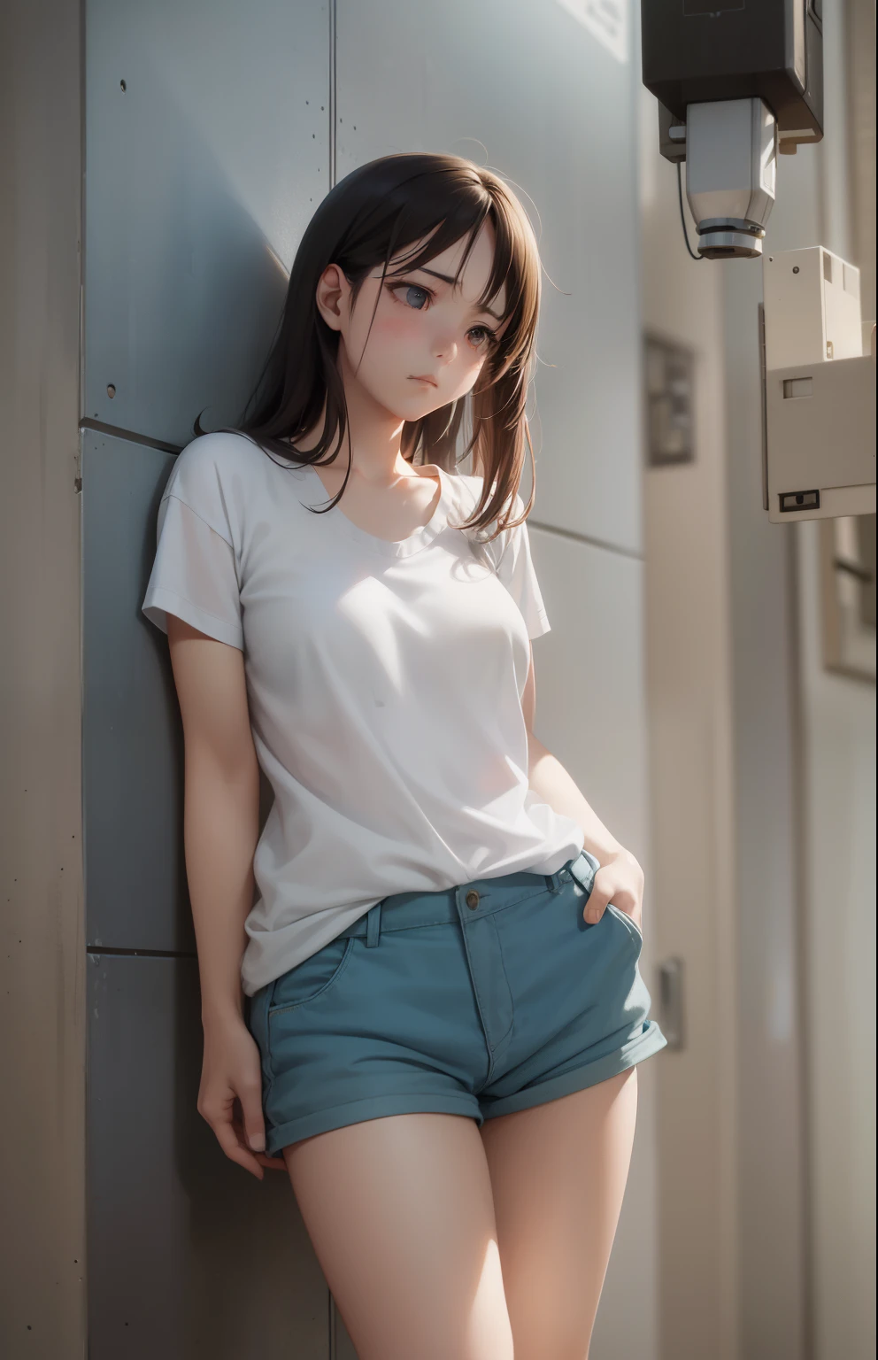 In a strikingly detailed and poignant scene, a captivating anime girl, evoking a sense of profound sadness, is depicted amidst a complex and realistic background that conveys a feeling of imprisonment and entrapment.