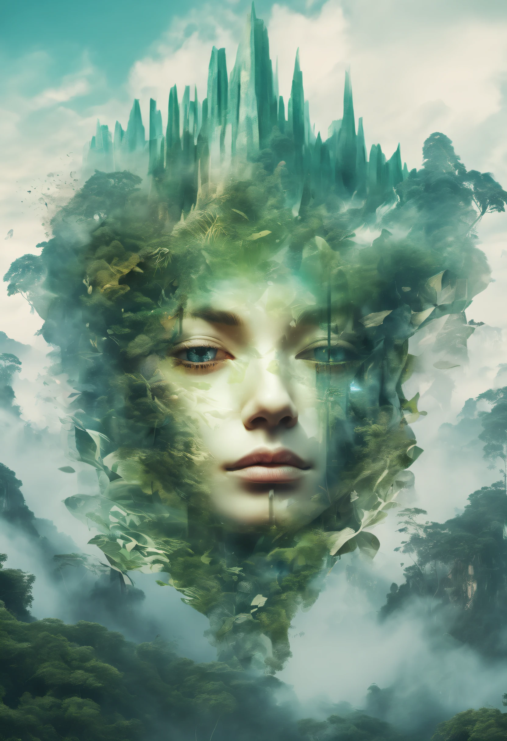 Dubrec style,Transparent face close-up,Jungle mountains image foreground,(multiple exposure:1.8),Complex illustrations in surrealist art style,Surreal dreams