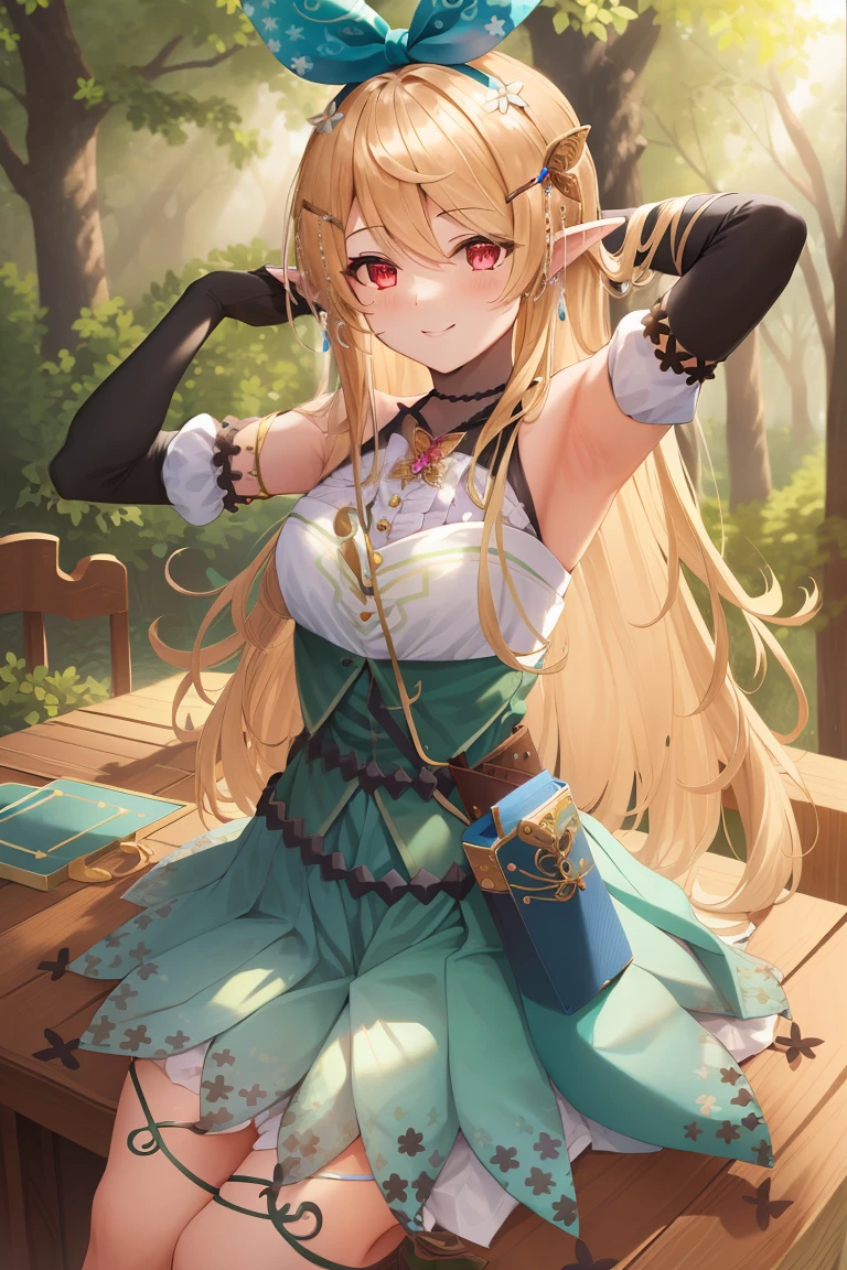 (masterpiece, best quality),  intricate details,
1girl,     pomu rainpuff, hair behind ear, butterfly hair ornament, hair ribbon, halterneck, black gloves, elbow gloves, green skirt, high-waist skirt, fairy wings, bare shoulders, smile, armpits, hands behind head
forest, fairytale