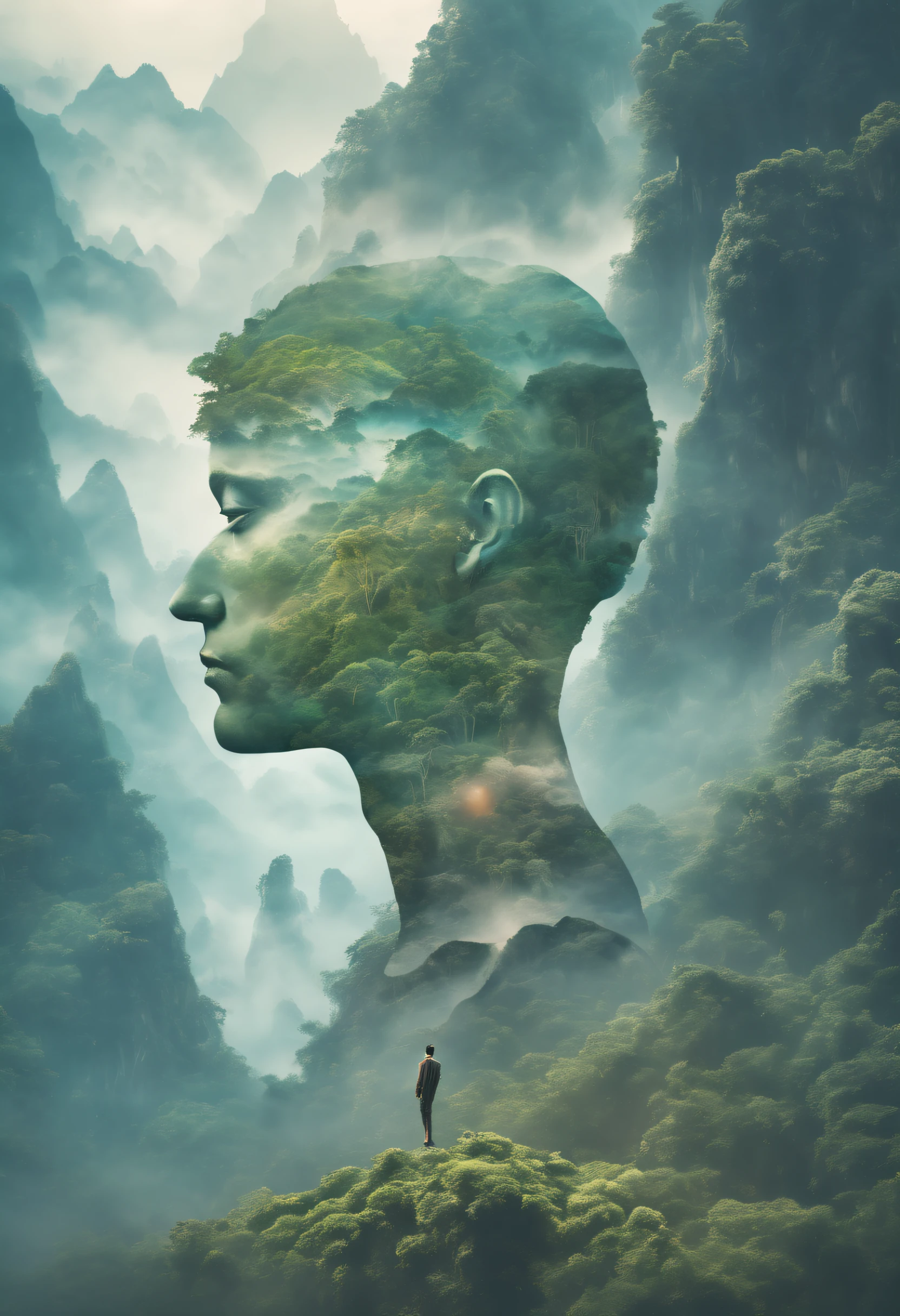 Dubrec style，Transparent person avatar，Jungle mountains image foreground，（multiple exposure：1.8），Complex illustrations in surrealist art style，Surreal dreams