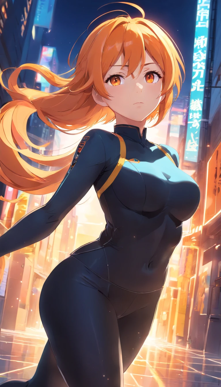 ​masterpiece、top-quality、Movie stills、1 female、Orange hair、Colossal tits、Huge ass、Fitting black leggings suit、yellow  eyes、thick thighs、Long wavy hair、wide hips、Thigh muscles、Strong thighs(Spark:0.7)