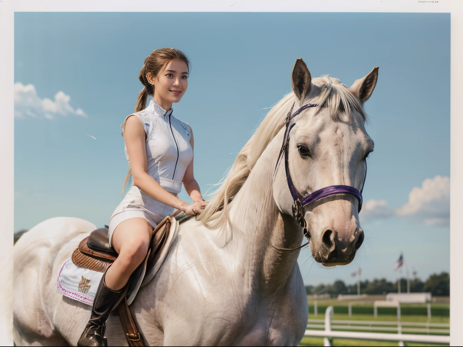101
(a 20 yo woman,Riding on a white horse), (A hyper-realistic), (high-level image quality), ((beautiful hairstyle 46)), (I have my hair in a ponytail), (Gentle smile), (Keep your mouth shut), (ride horse、Horse racing、Equestrian competitions)