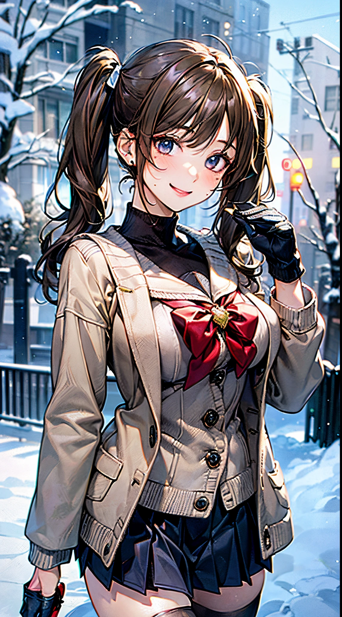 ((((, , perfect anatomy, super detailed skin)))), 1 girl, japanese, 14 years old, shiny skin, large breasts:0.5, watching the view, (smile:1.5),
beautiful hair, beautiful face, beautiful detailed eyes, (middle hair:1.5, twintails:1.7),
beautiful clavicle, beautiful body, beautiful chest, beautiful thigh, beautiful legs, babyface, , , mole under eye,
((navy school uniform, long sleeves, navy pleated skirt, sailor collar, light brown cardigan, black thigh-highs,
((brown medium coat, muffler, knitted gloves)), extremely sexy, seductive thighs)), white panties,
(beautiful scenery), winter, evening, hokkaido, sapporo, outdoors, snow, snowfall:1.5, freezing weather, frost, walking, holding a phone,
(8k, top-quality, masterpiece:1.2, extremely detailed, , ), (photorealistic), beautiful illustration, cinematic lighting,
