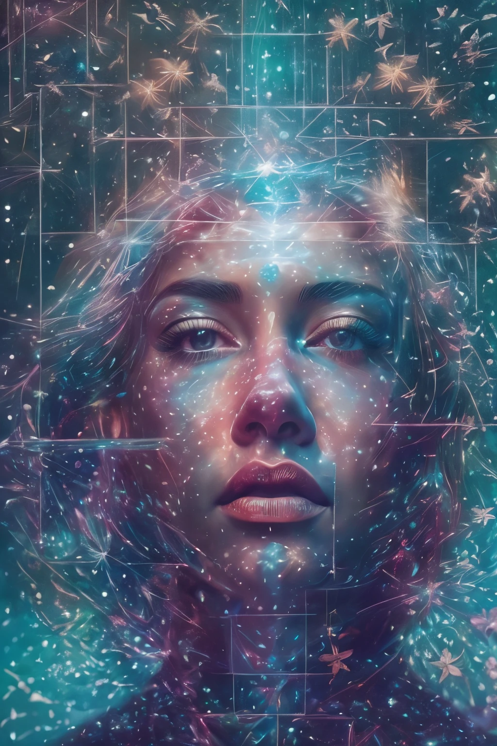 （multiple exposure：1.8），Dubrec style，Girl virtual holographic digital avatar，Futuristic magnificent starry sky image foreground，psychedelic starry sky，In space，Complex illustrations in surrealist art style，Surreal dreams，Become an invisible virtual hologram，Transparent person avatar，Virtual holographic digital image，Surreal art, 4K surrealism, Surreal portrait, Beautiful surreal portrait, hyperrealistic digital art, surreal and fantasy art, hyperrealistic digital art, surrealist portrait, Surreal art, Emotional Surreal Art, fantasy surrealism, 8k surrealism, Surreal conceptual art