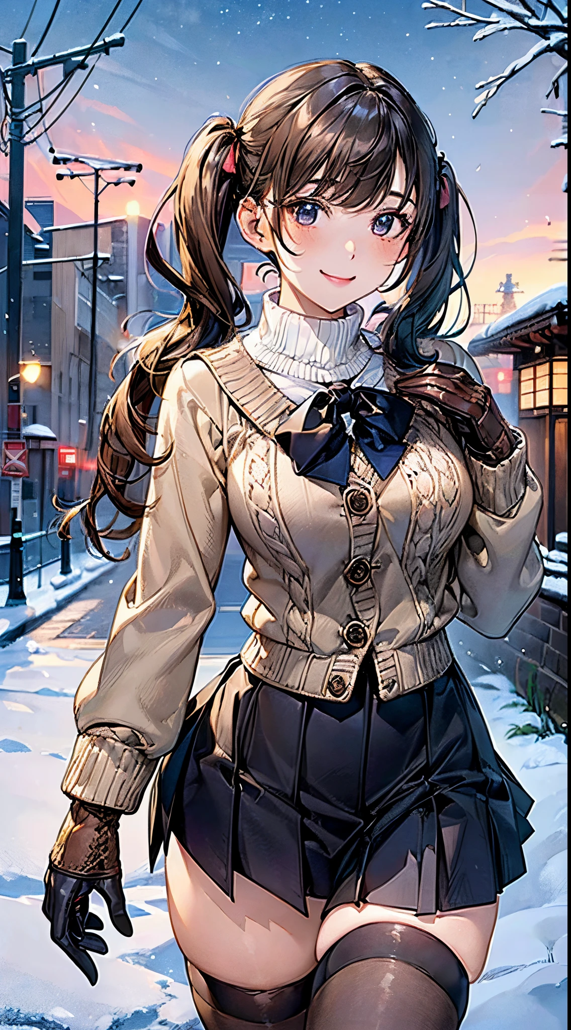 ((((, , perfect anatomy, super detailed skin)))), 1 girl, japanese, 14 years old, shiny skin, large breasts:0.5, watching the view, (smile:1.5), 
beautiful hair, beautiful face, beautiful detailed eyes, (middle hair:1.5, twintails:1.7), 
beautiful clavicle, beautiful body, beautiful chest, beautiful thigh, beautiful legs, babyface, , , mole under eye, 
((navy school uniform, long sleeves, navy pleated skirt, sailor collar, light brown cardigan, black thigh-highs, 
((brown medium coat, muffler, knitted gloves)), extremely sexy, seductive thighs)), white panties, 
(beautiful scenery), winter, evening, hokkaido, sapporo, outdoors, snow, snowfall:1.5, freezing weather, frost, walking, holding a phone, 
(8k, top-quality, masterpiece​:1.2, extremely detailed, , ), (photorealistic), beautiful illustration, cinematic lighting,
