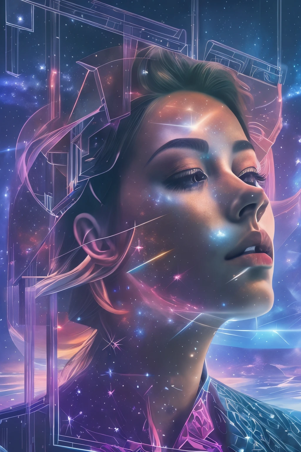 (multiple exposure:1.8),Dubrec style,Girl virtual holographic digital avatar,Futuristic magnificent starry sky image foreground,psychedelic starry sky,In space,Complex illustrations in surrealist art style,Surreal dreams,Become an invisible virtual hologram,Transparent person avatar,Virtual holographic digital image,Surreal art, 4K surrealism, Surreal portrait, Beautiful surreal portrait, hyperrealistic digital art, surreal and fantasy art, hyperrealistic digital art, surrealist portrait, Surreal art, Emotional Surreal Art, fantasy surrealism, 8k surrealism, Surreal conceptual art