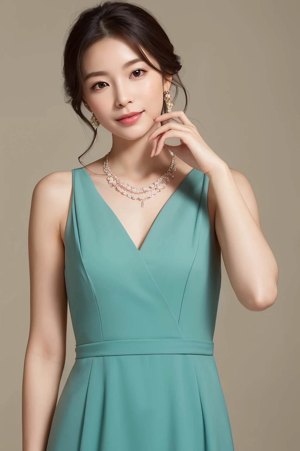 Create an image of an elegant woman who embodies timeless beauty. She、Enhances your figure without looking intimidating、Must wear close-fitting clothing, Simple dress. The color of the dress should be soft, Complementary shades that match her skin tone and this season's palette. Keep accessories to a minimum, presumably、It would be one of the delicate pieces of jewelry, thin necklace and elegant earrings.
The posture is calm and graceful, hali々and standing、exuding confidence. Her smile is warm、It's real, charming and kind, suggest a friendly and positive attitude. Her eyes are gentle、however、Your eyes need a confident look, suggests trustworthiness and intelligence.
movement in the video、、It should convey elegance and calmness, presumably、Must have been caught in the middle of a graceful gesture that suggested poise and dignity. Lastly, Her way of speaking, Although you can't hear it in the image, With a relaxed look、however, That should be reflected in your confident look, presumably、As if trying to speak clearly and calmly..、I think it's him'Slightly open mouth..
A modest yet sophisticated atmosphere.、It should complement her style without overshadowing it. The background is、Can create a subtle atmosphere with a sense of luxury., Classy environment.