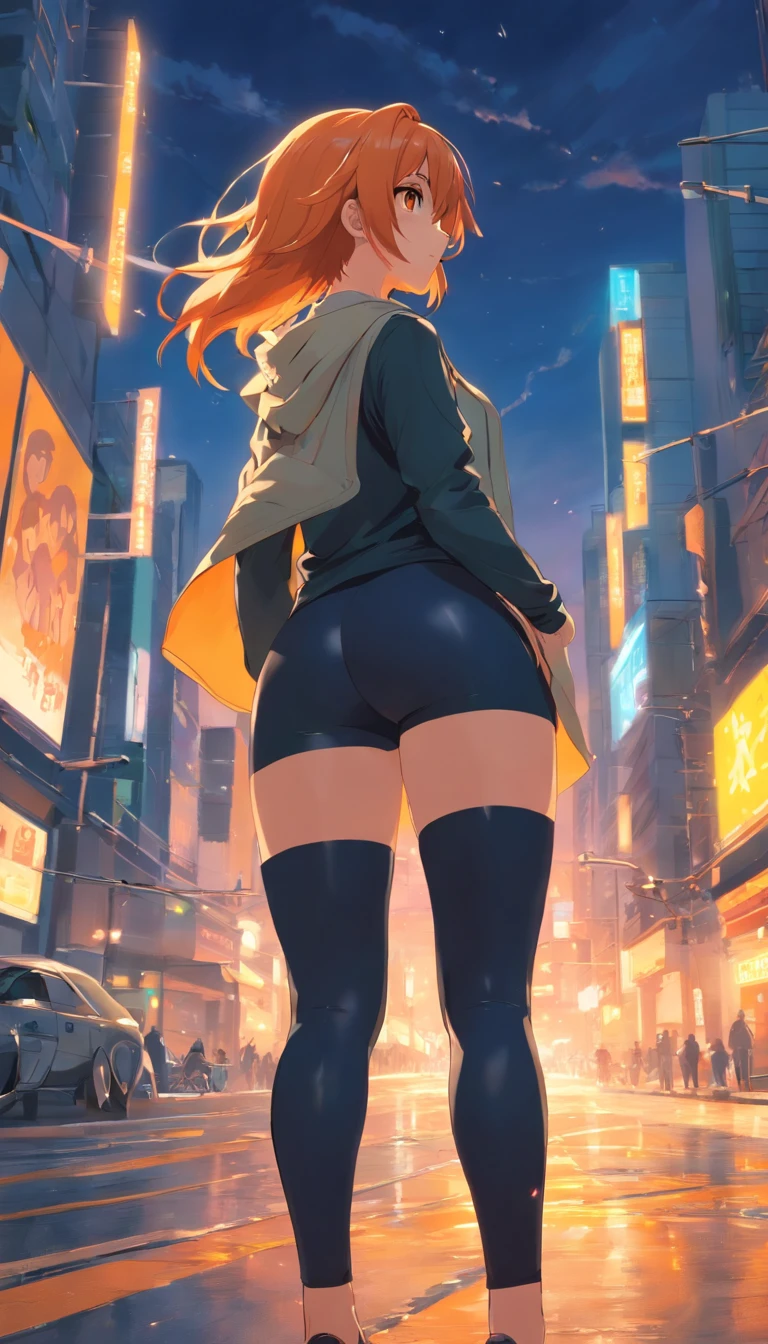 masterpiece、top-quality、Movie stills、1 female、Orange hair、Colossal tits、Huge ass、Fitting black leggings suit、yellow eyes、thick thighs、Long wavy hair、wide hips、Thigh muscles、Strong thighs、(Spark:0.7)