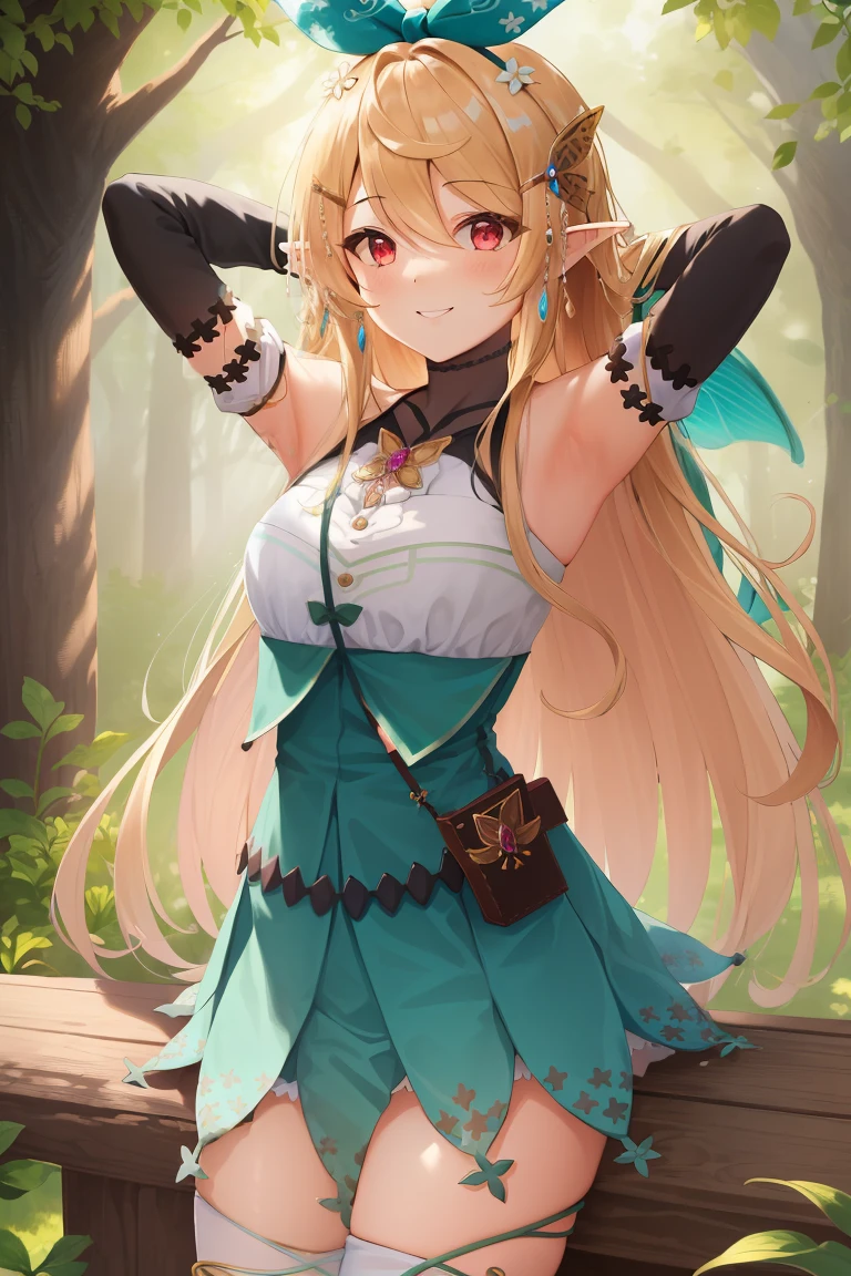 (masterpiece, best quality),  intricate details,
1girl,     pomu rainpuff, hair behind ear, butterfly hair ornament, hair ribbon, halterneck, black gloves, elbow gloves, green skirt, high-waist skirt, fairy wings, bare shoulders, smile, armpits, hands behind head
forest, fairytale